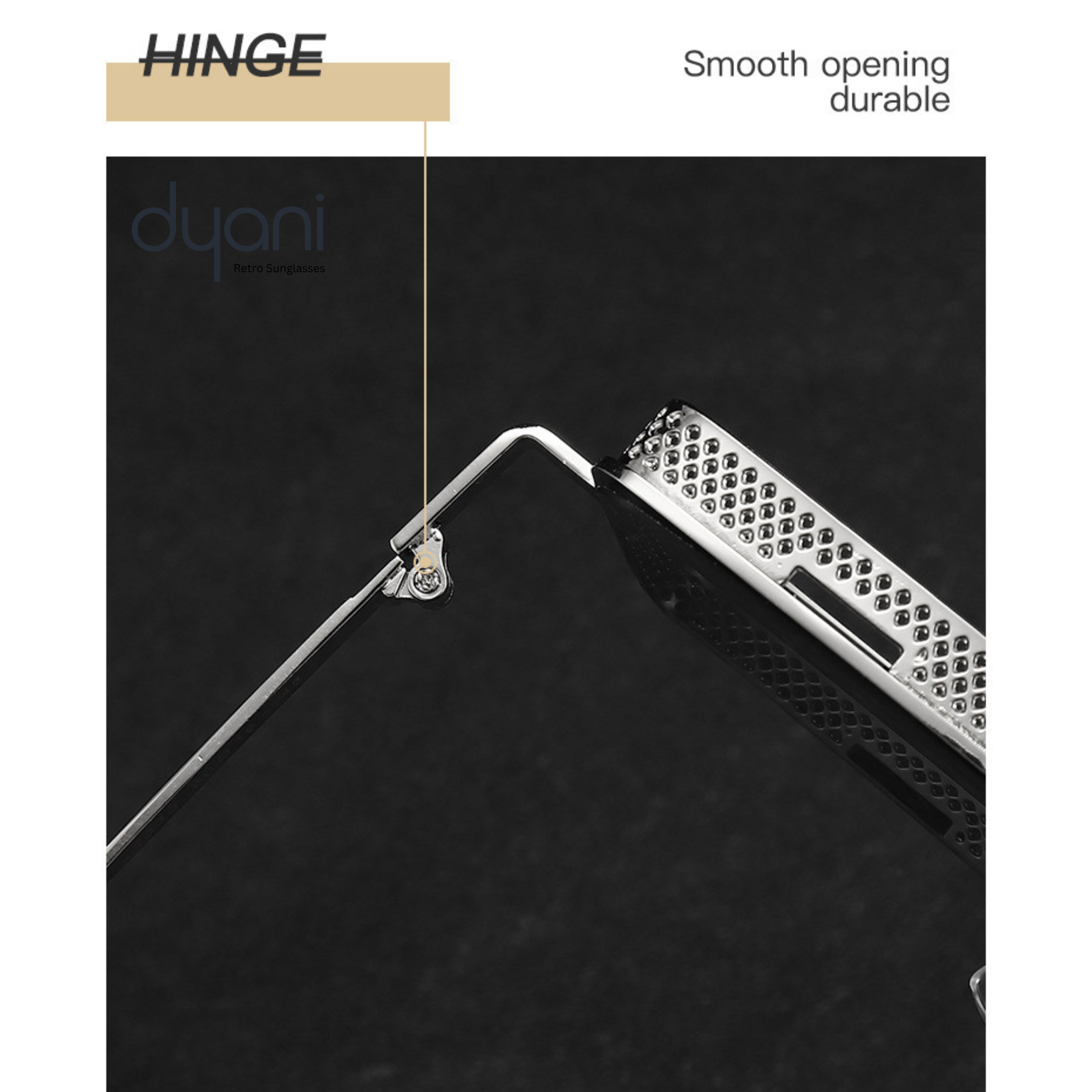 Close-up of Dyani SquarePunk sunglasses hinge, showcasing durable construction and smooth opening mechanism.