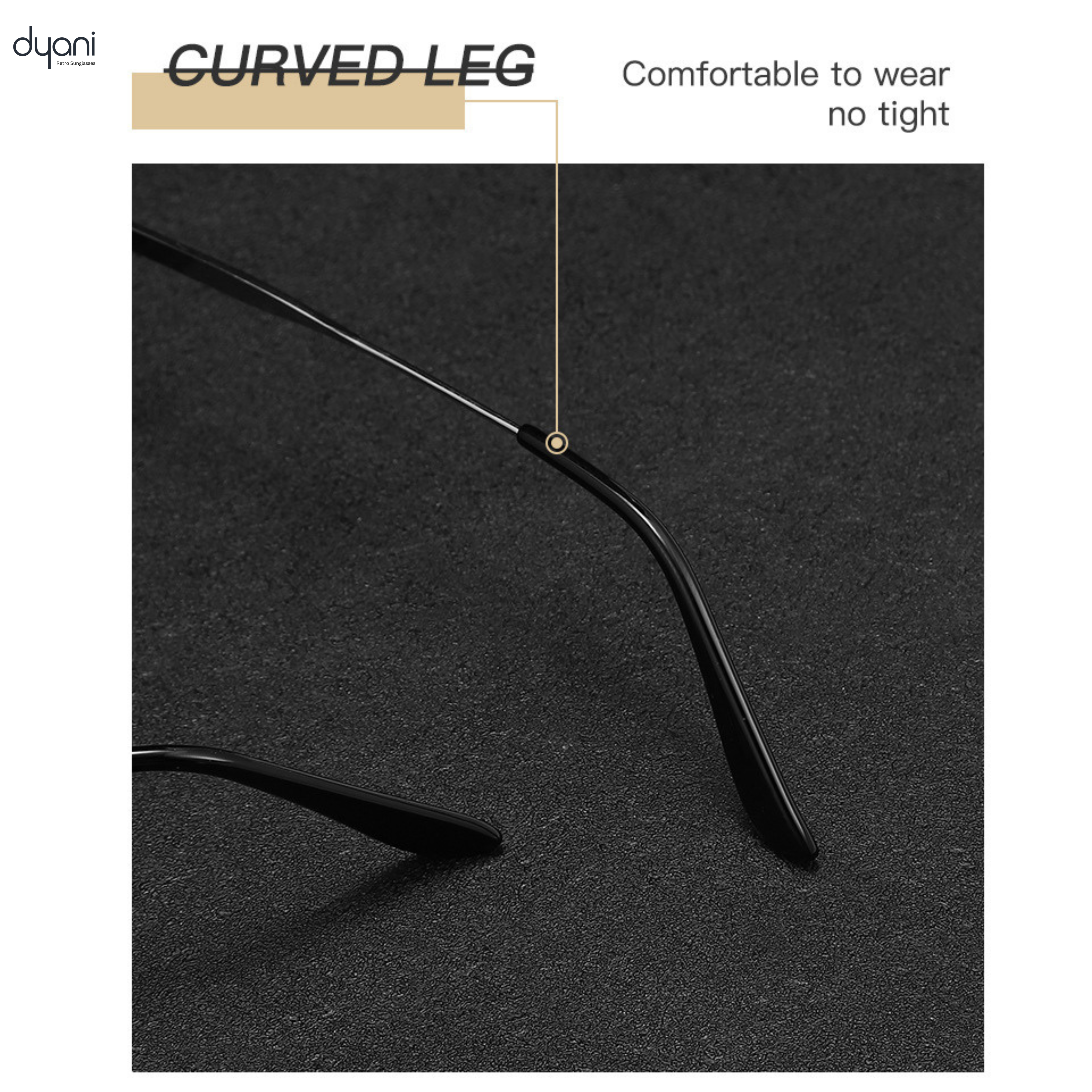 Detailed view of Dyani Square Punk sunglasses curved leg showcasing comfort and fit on a dark background.