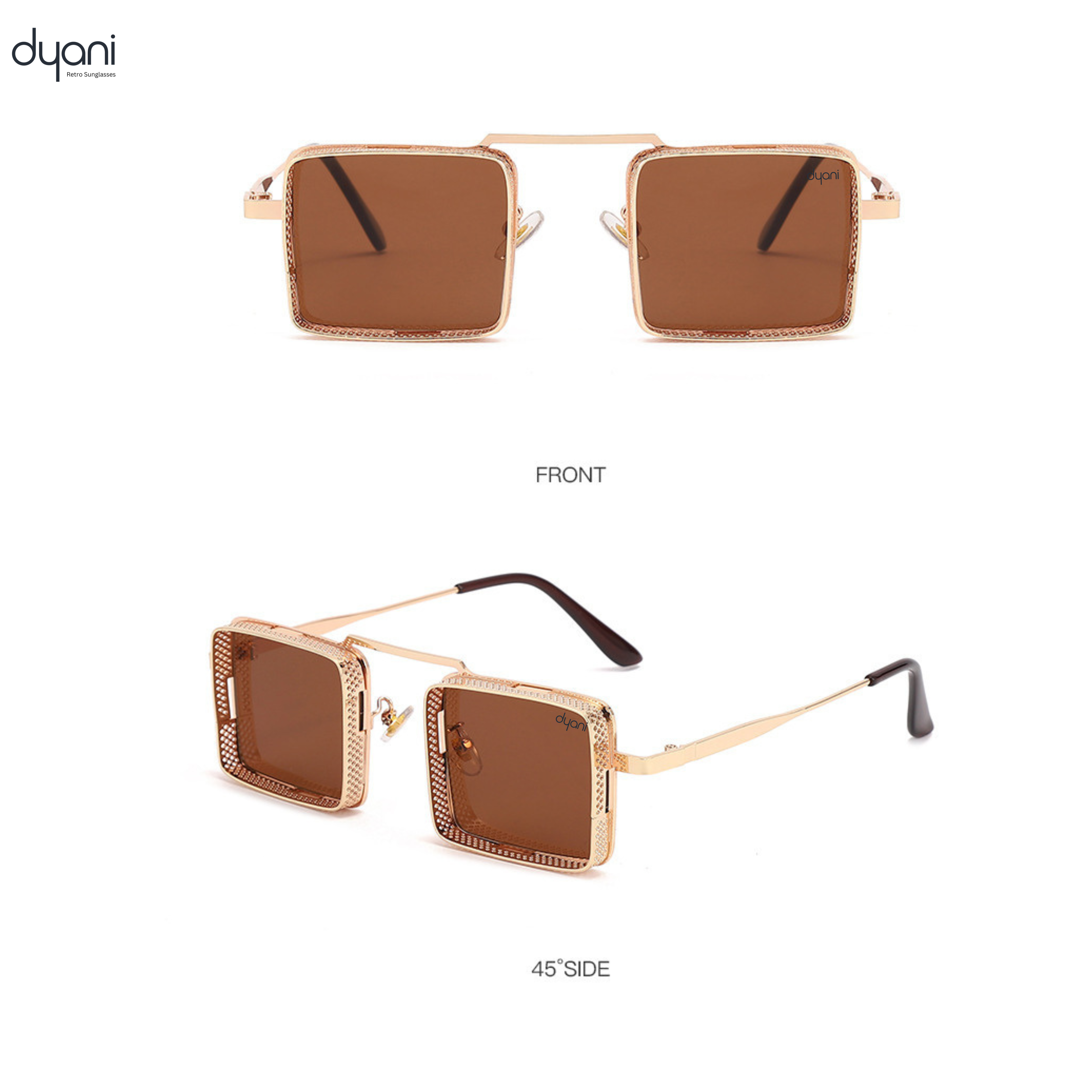 Dyani Square Punk sunglasses with aluminum magnesium frame and anti-reflective brown lenses, offering steampunk style and UV400 protection.
