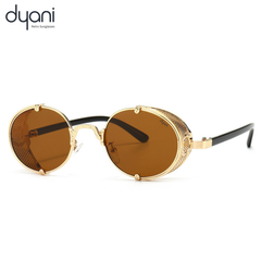 Round sunglasses with side shields, The Dynamo by Dyani, featuring steampunk-inspired design and modern edge, stylish and bold.