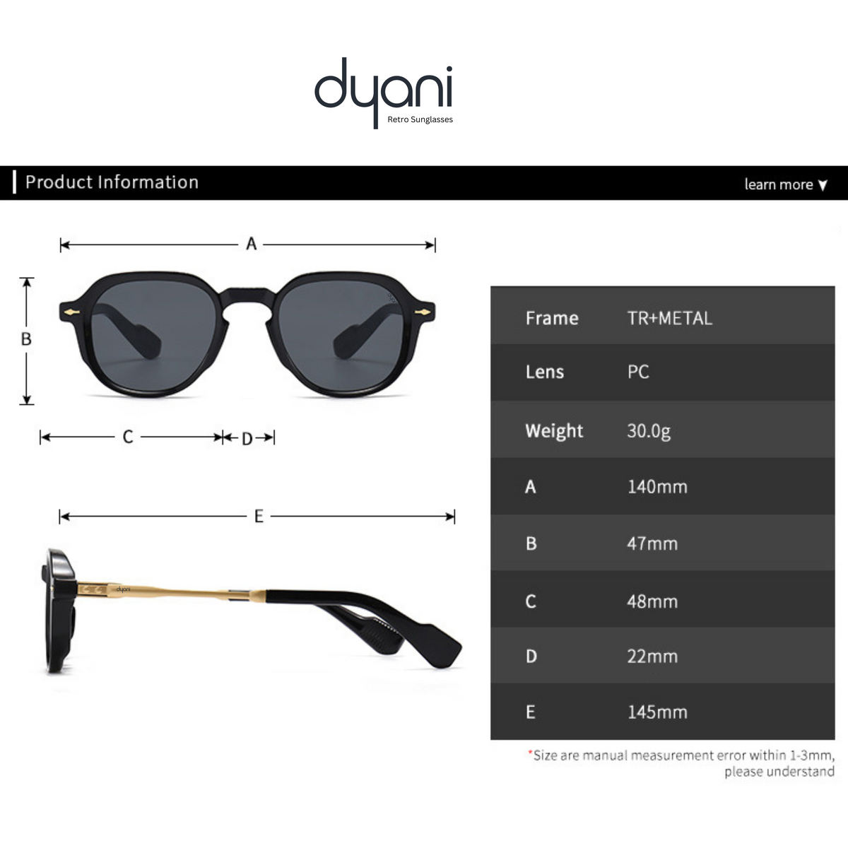 Dyani The American Sunglasses with black round frames, gold accents, durable TR+METAL frame, featuring size details and specs.
