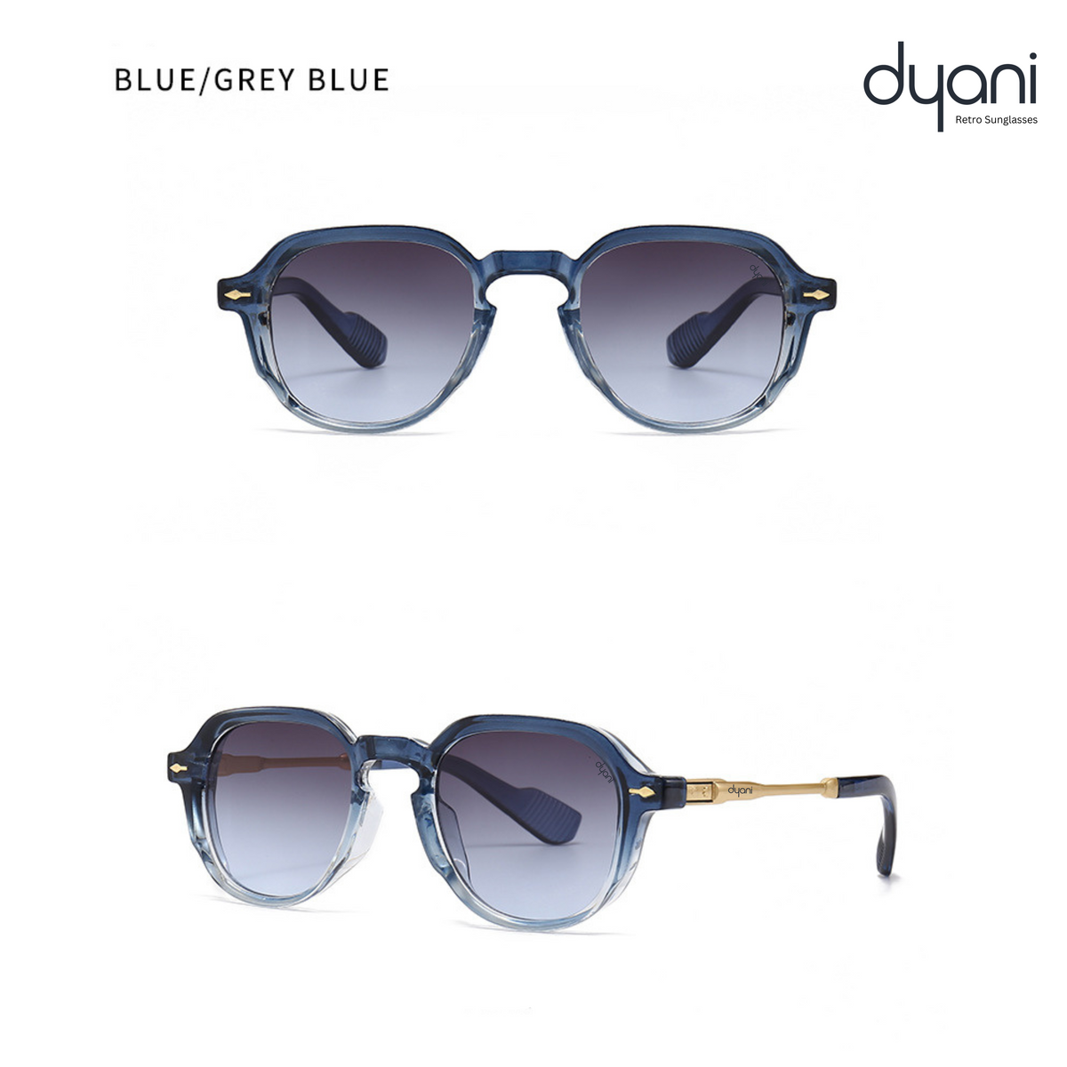 Dyani blue/grey sunglasses with round lenses and gold accents, showcasing Italian-inspired elegance and craftsmanship.