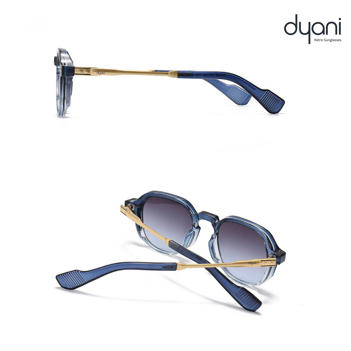 The American sunglasses by Dyani with blue and gold accents, round frame style, offering Italian-inspired elegance and UV protection.