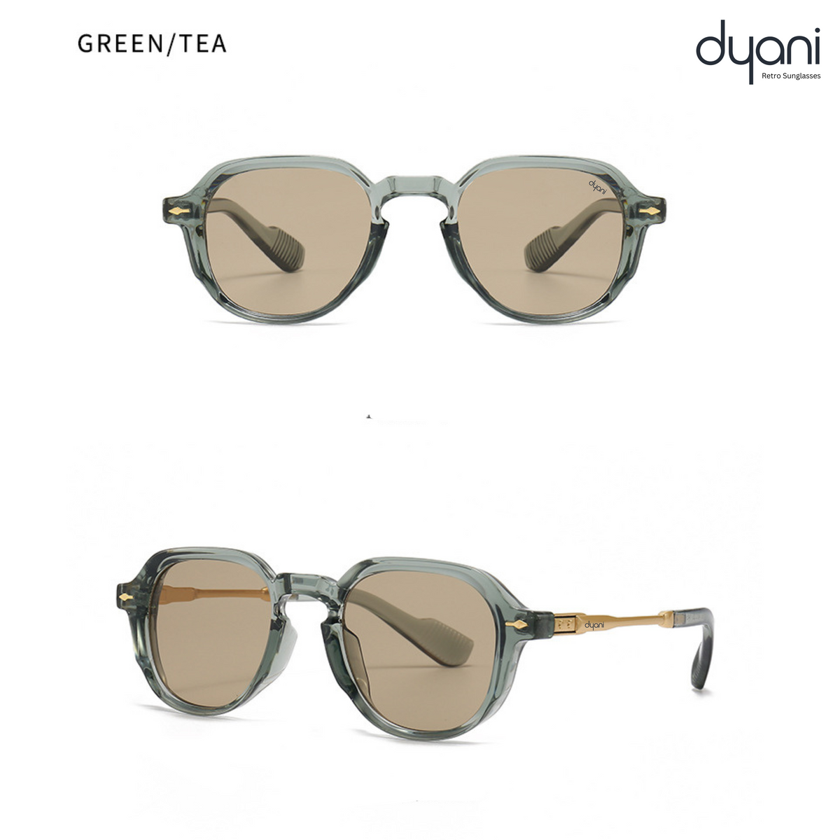 The American sunglasses by Dyani in green tea, featuring black frames with gold accents, Italian-inspired elegance.