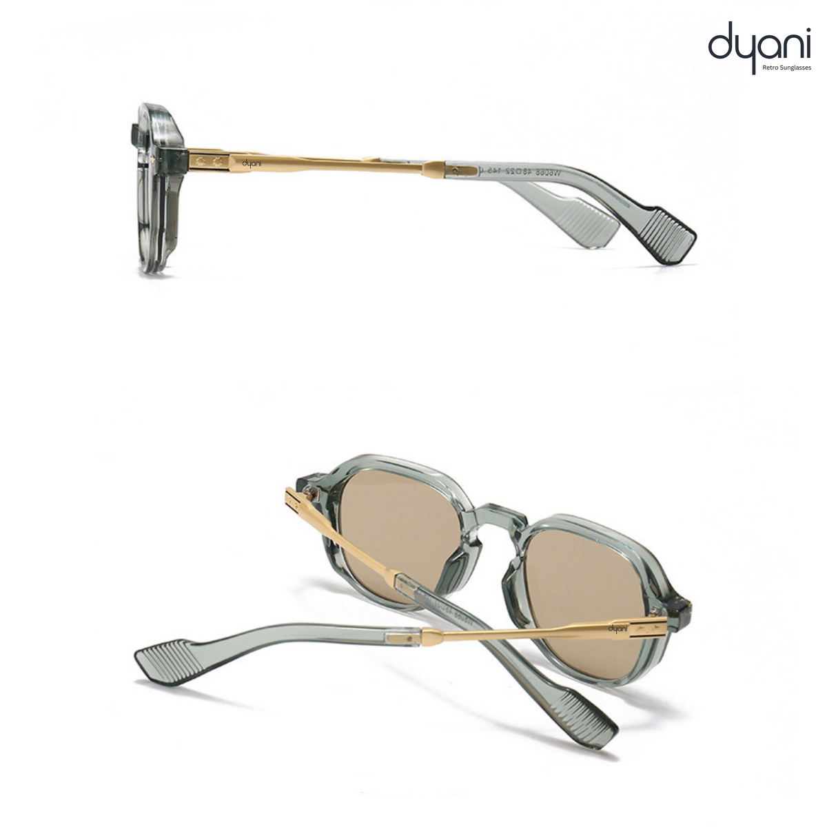 The American sunglasses by Dyani with black frames and gold accents, Italian-inspired design, featuring round lenses and UV protection.
