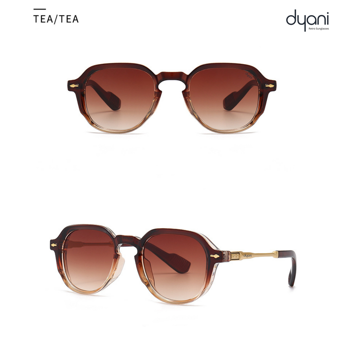 The American sunglasses by Dyani, round black frames with gold accents, Italian-inspired elegance, UV protection, luxury fashion accessory.