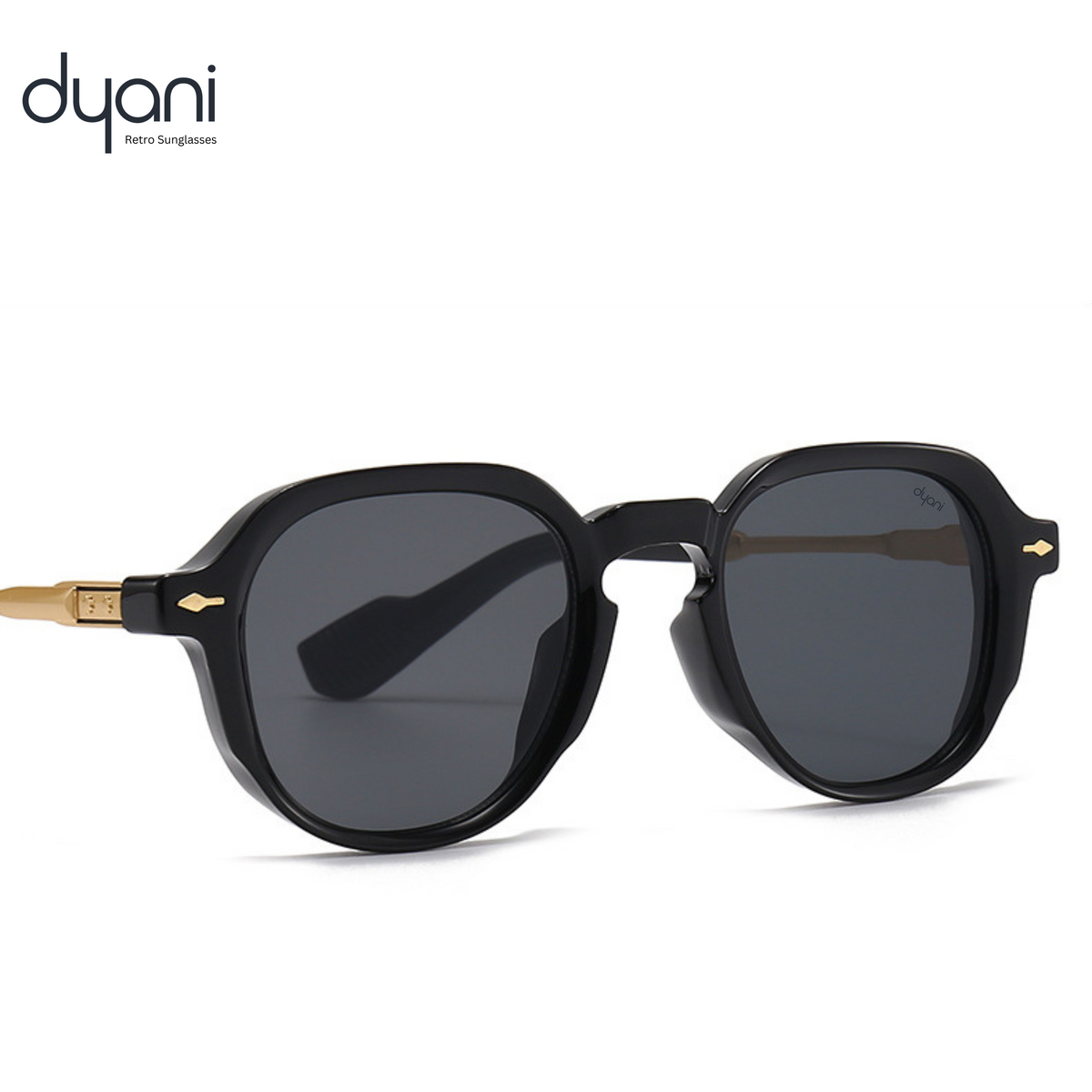 The American sunglasses by Dyani with black frames, gold accents, and Italian-inspired elegance.