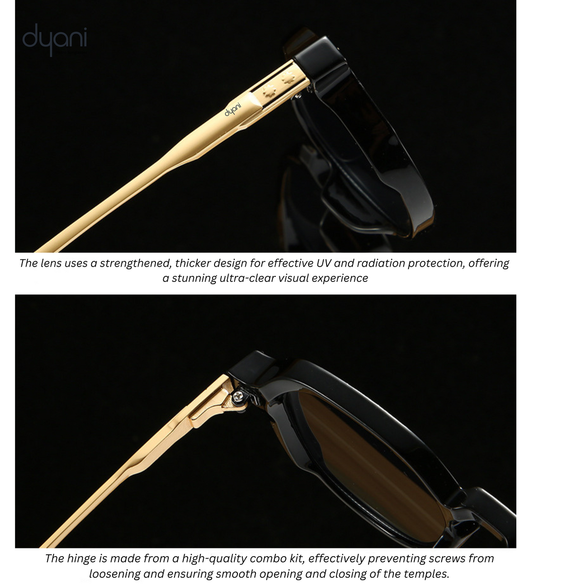 The American sunglasses by Dyani with black polycarbonate frames, gold accents, showcasing Italian-inspired elegance and craftsmanship.