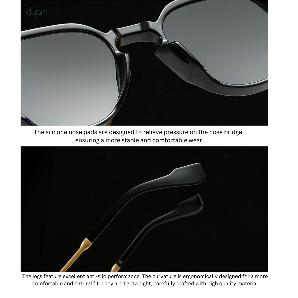 Close-up of The American sunglasses by Dyani featuring black frames with gold accents, UV-protected lenses, and silicone nose pads.