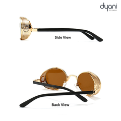 The Dynamo sunglasses showcasing side and back view with round lenses and steampunk-inspired side-shields by Dyani Retro Sunglasses.