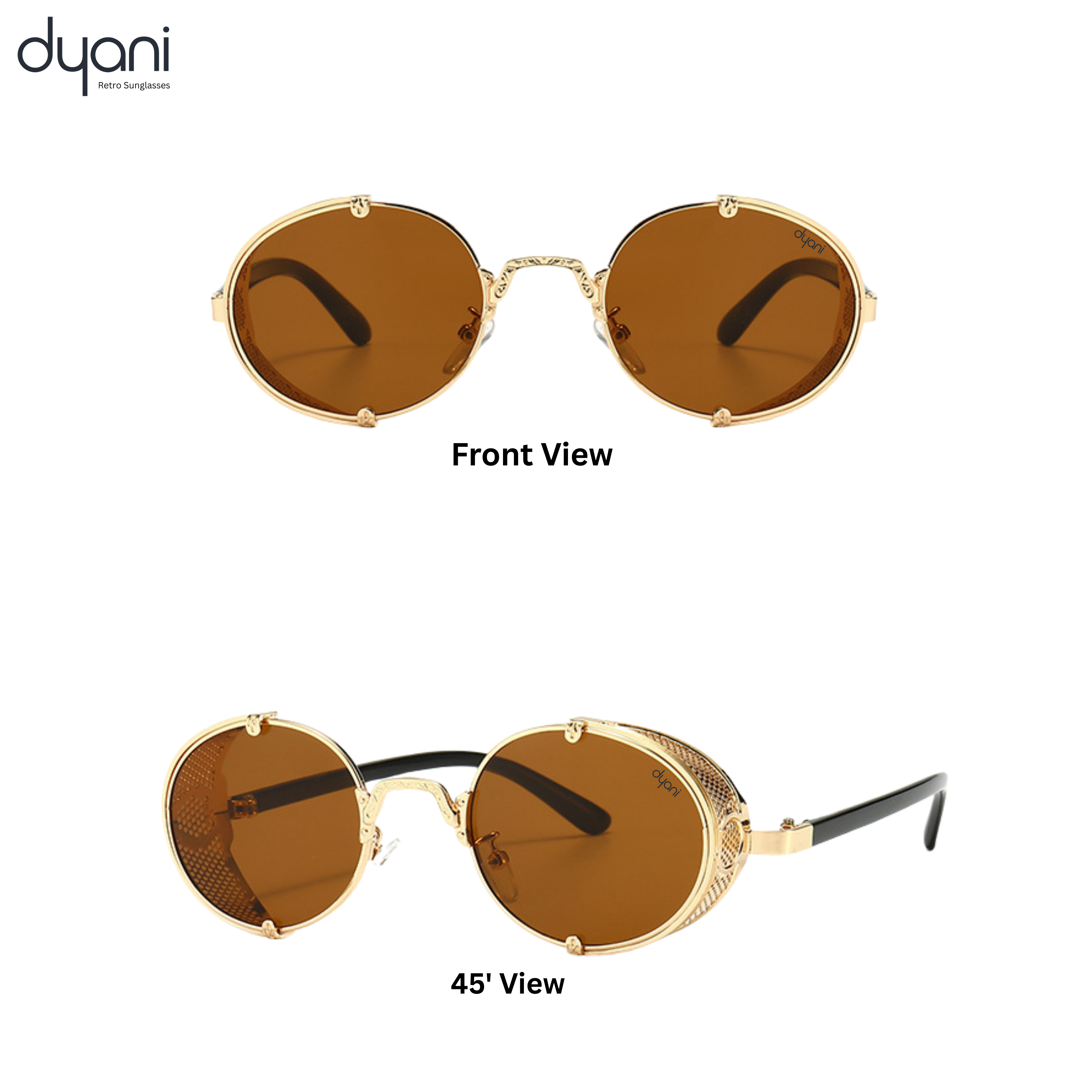 The Dynamo sunglasses with brown lenses, gold side-shield detail, front and angled views, embodying steampunk style and modern edge.