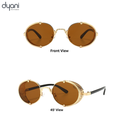 The Dynamo sunglasses with brown lenses, gold side-shield detail, front and angled views, embodying steampunk style and modern edge.