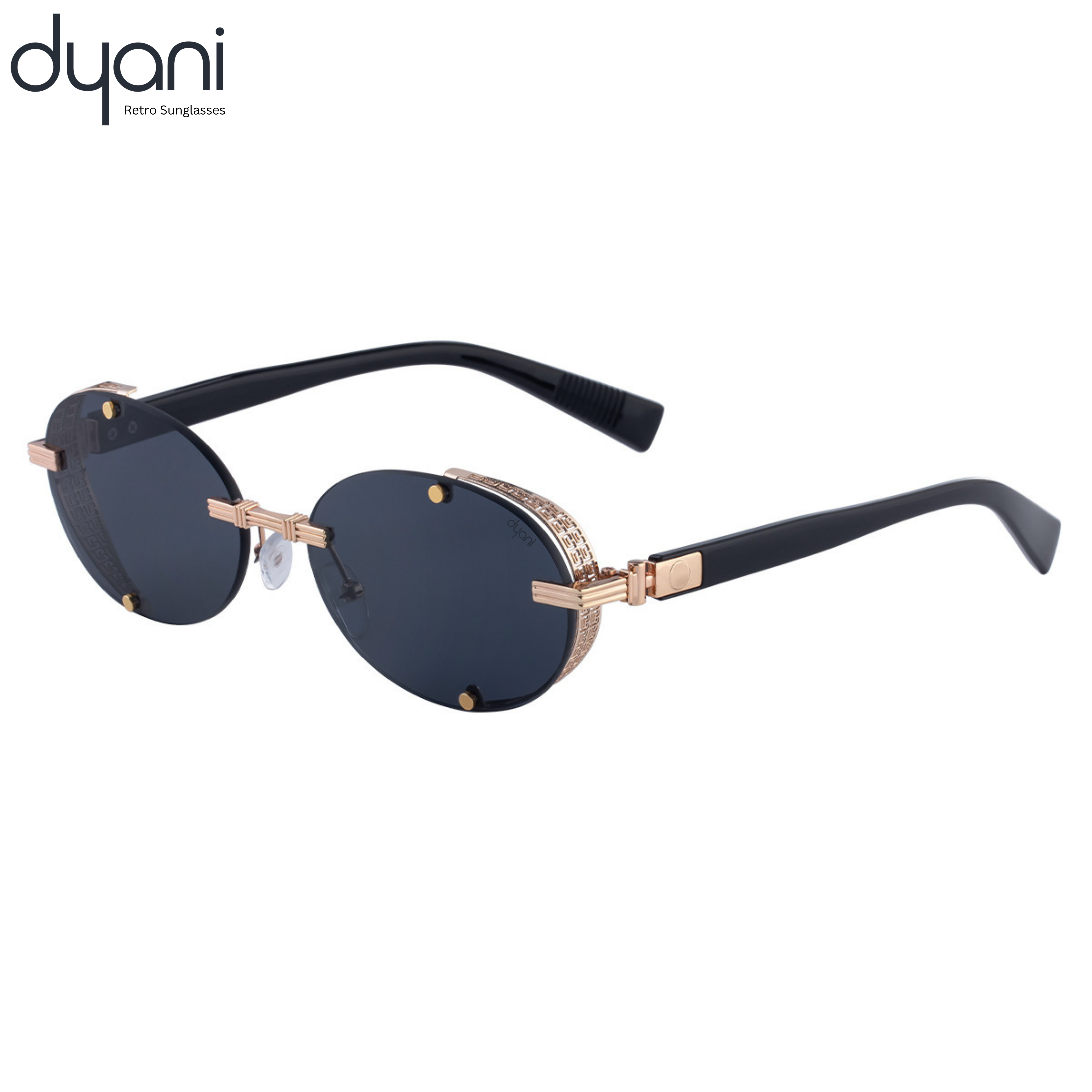 Lunari sunglasses with oval lenses, gold-toned hardware, and side shield detailing, exuding vintage glamour and rockstar edge.