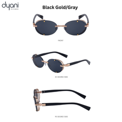 Lunari sunglasses with sleek oval lenses, gold toned hardware, and intricate side detailing in Black Gold/Gray by Dyani.