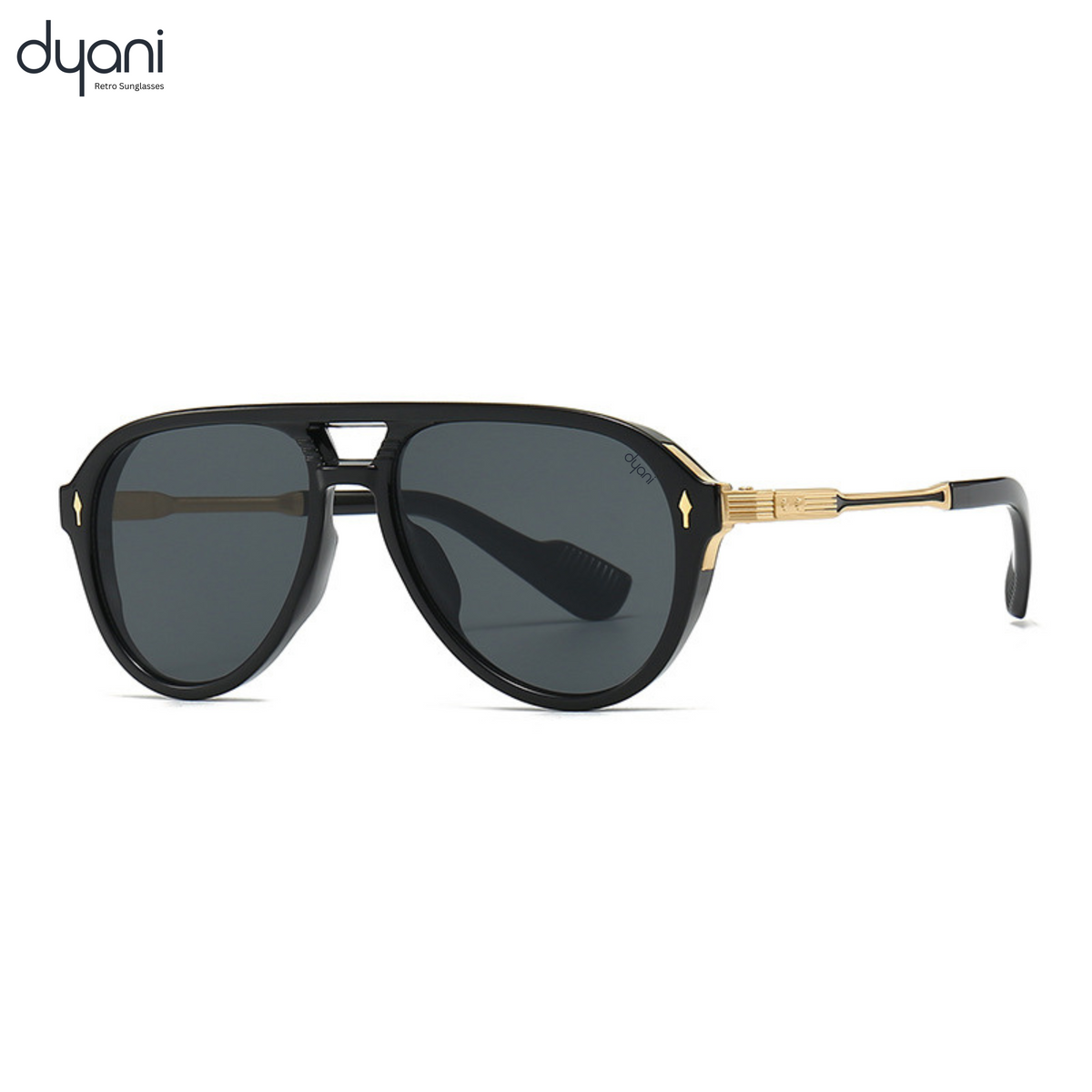 Dyani The Sovereign aviator sunglasses with black frame and UV400 lenses, blending urban sophistication with outdoor style.