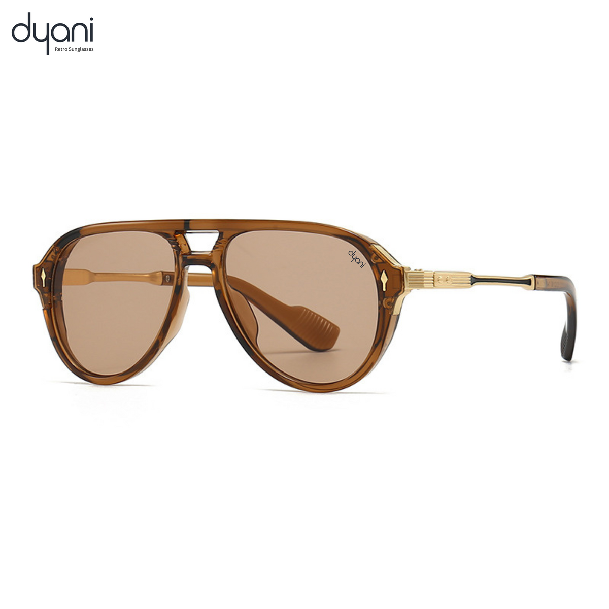Dyani The Sovereign aviator sunglasses with brown lenses and gold detailing, combining urban sophistication and outdoor adventure style.