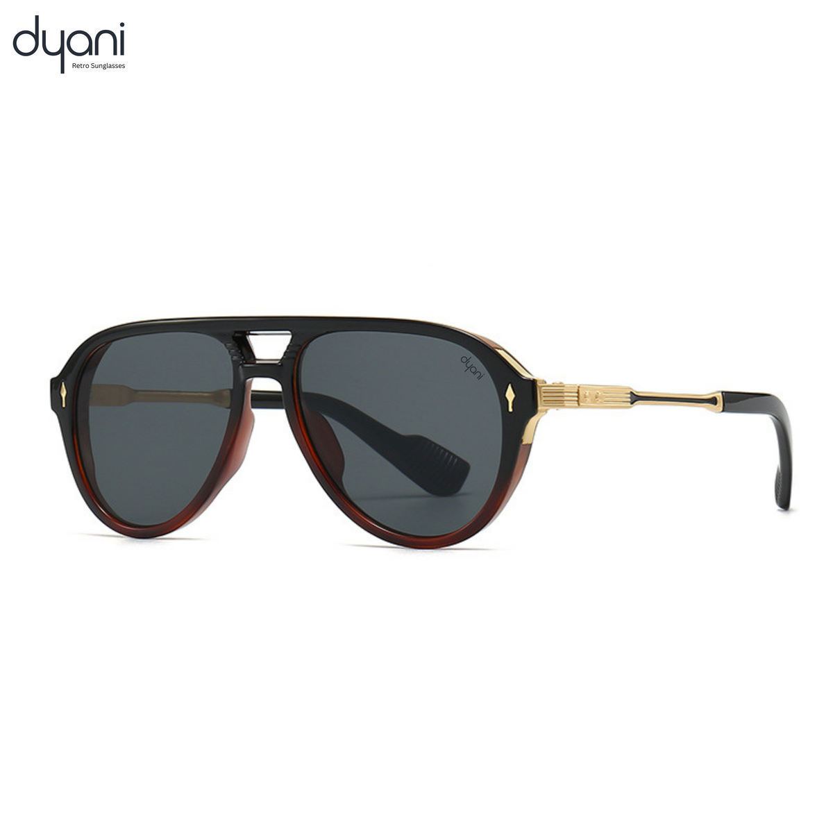 Dyani Sovereign bold aviator sunglasses with sleek black lenses, white temples, and a modern half-frame design for timeless elegance.