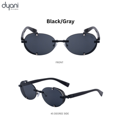 Lunari sunglasses with sleek oval lenses, gold hardware, and side shield detailing in black/gray, showcasing vintage glamour with a modern edge.