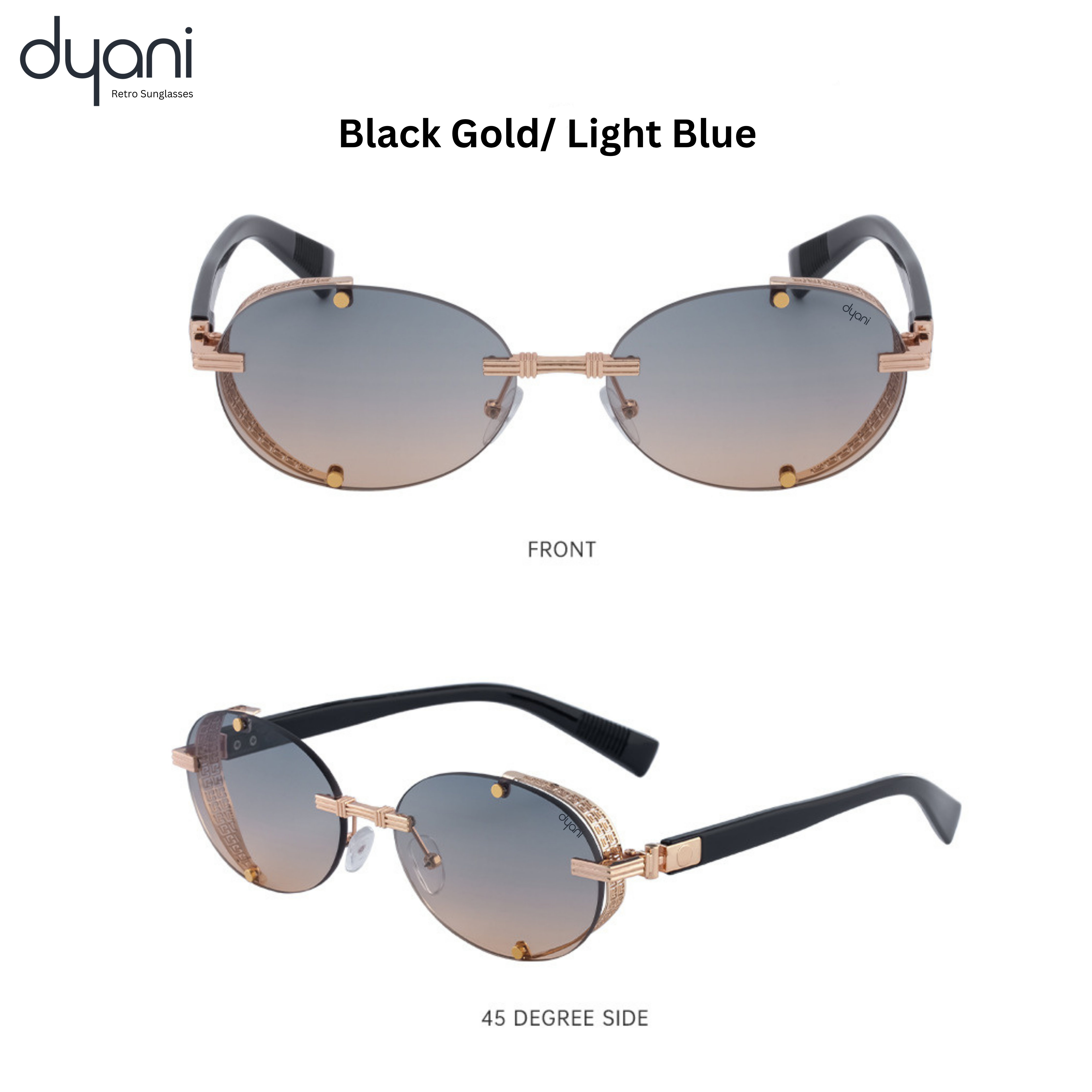 Lunari sunglasses with sleek oval lenses, gold hardware, and intricate side shield detailing in black gold and light blue.