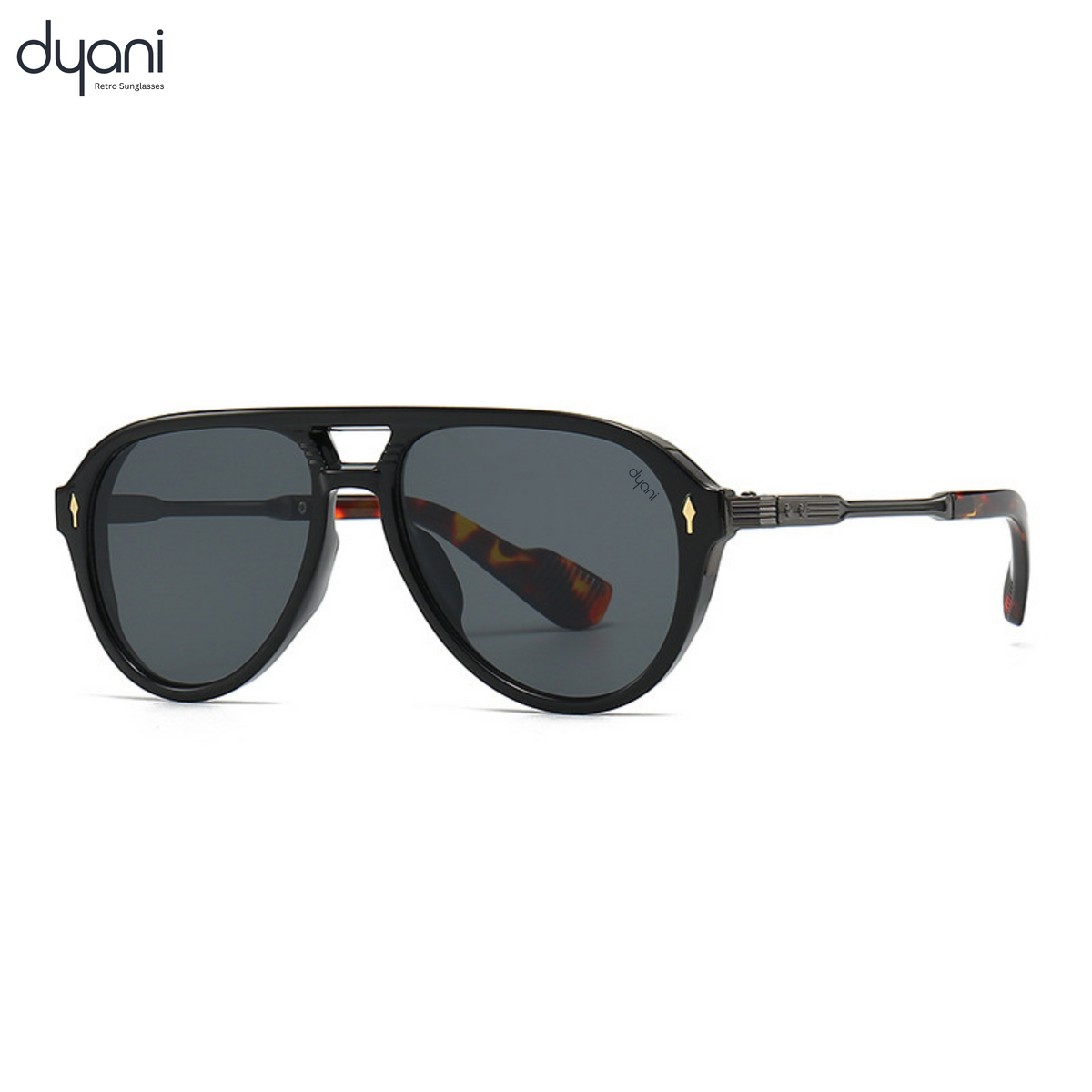Dyani The Sovereign black aviator sunglasses with bold half-frame, sleek lenses, and white temples for urban style and outdoor adventures.