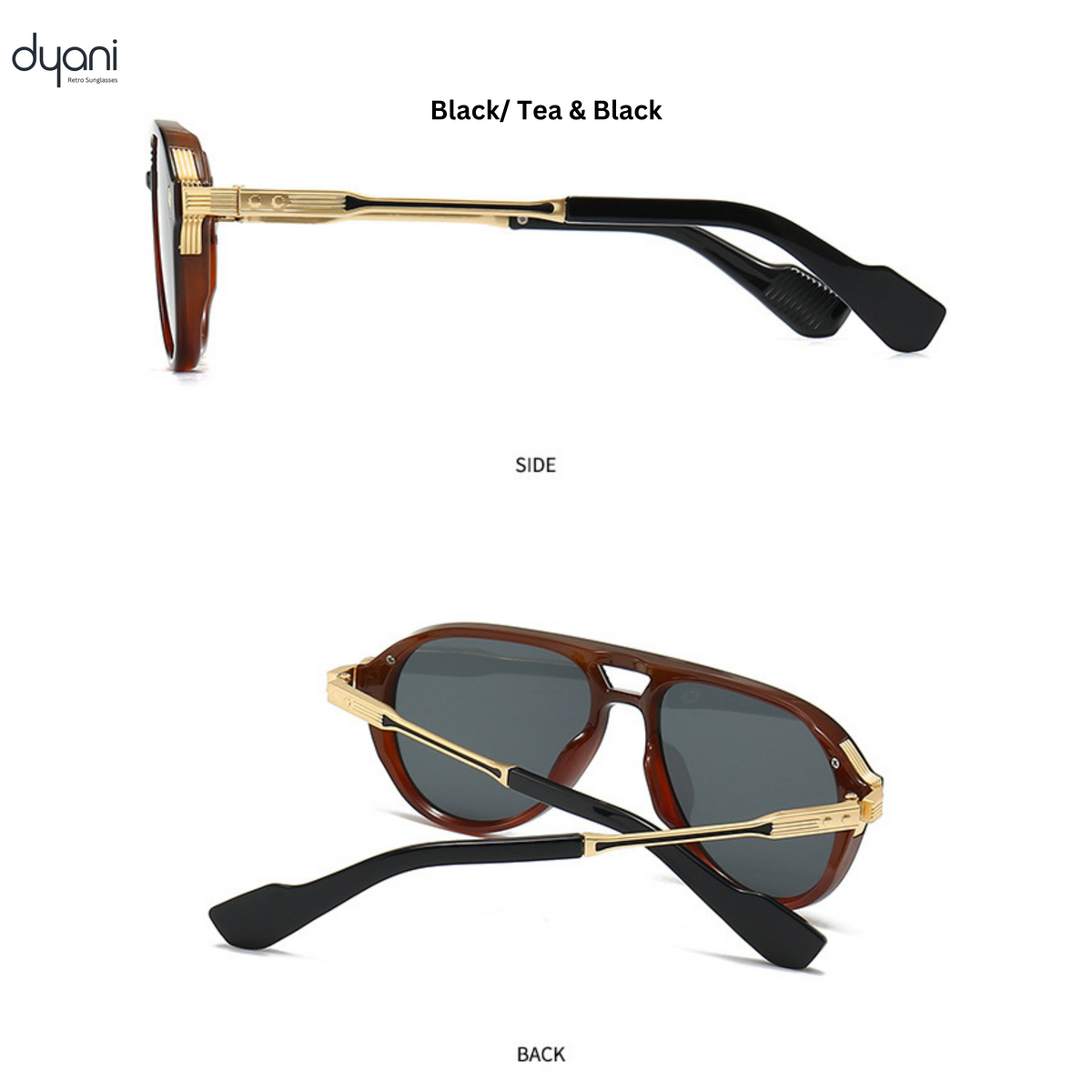 Dyani The Sovereign aviator sunglasses in Black/Tea & Black, featuring lightweight durable frame and UV400 lenses for clarity.