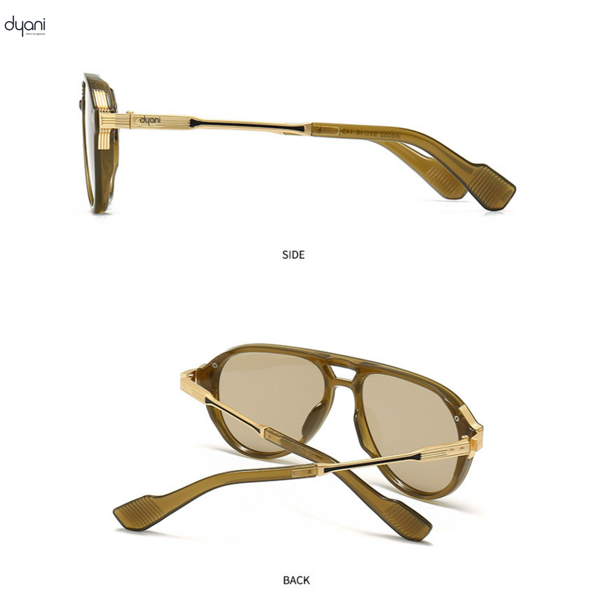 Dyani The Sovereign aviator sunglasses showcasing side and back view with durable frame and UV400 lenses for style and adventure.