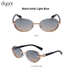 Lunari sunglasses with sleek oval lenses, gold hardware, and intricate side shield detailing in black gold and light blue.