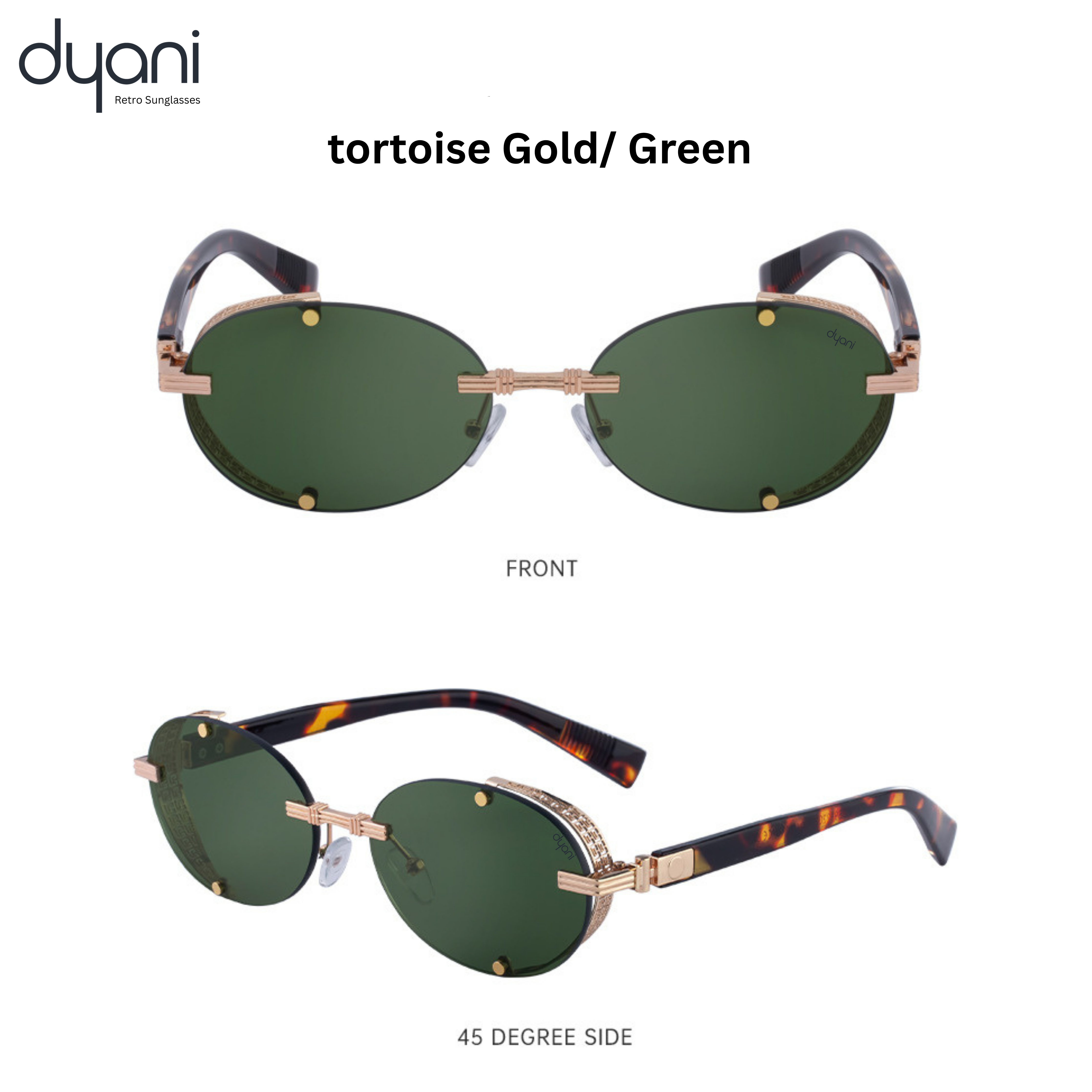 Lunari sunglasses with gold-toned hardware, green lenses, and tortoise shell details, front and side view.