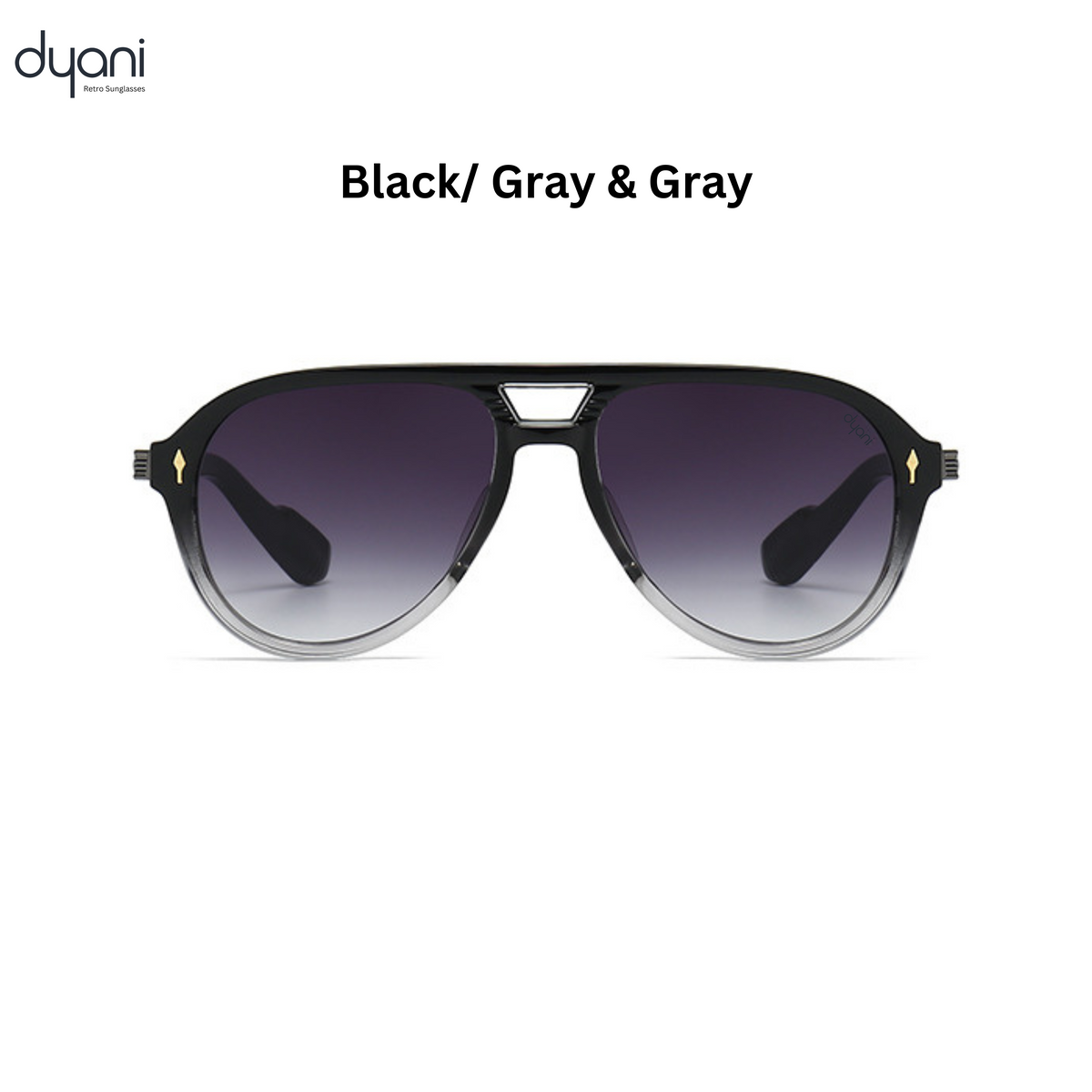 Black and gray Dyani aviator sunglasses, The Sovereign, with UV400 lenses and lightweight frame for urban style and outdoor use.