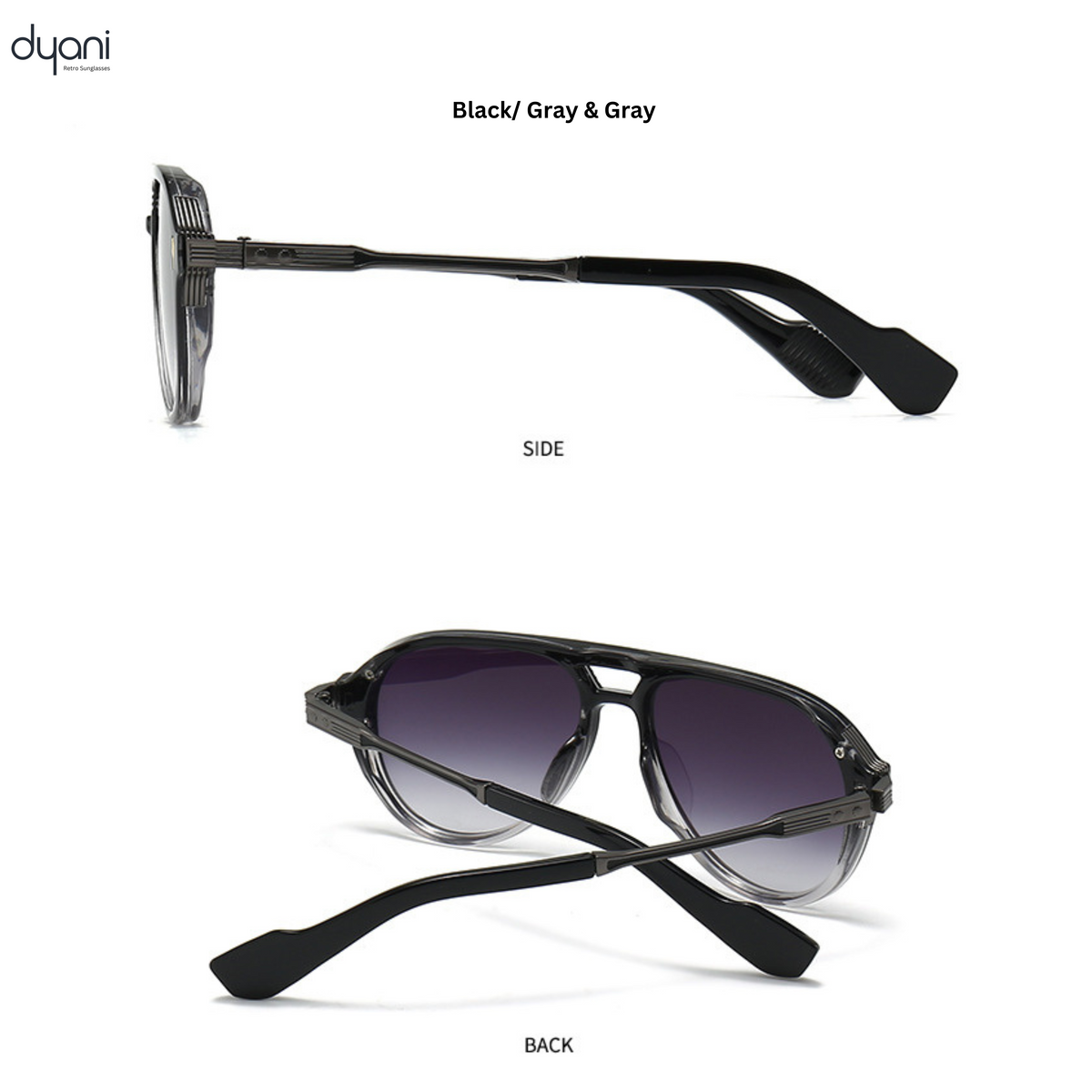 Alt Tag: Dyani The Sovereign aviator sunglasses in black and gray, side and back view of lightweight, durable frame with UV400 lenses