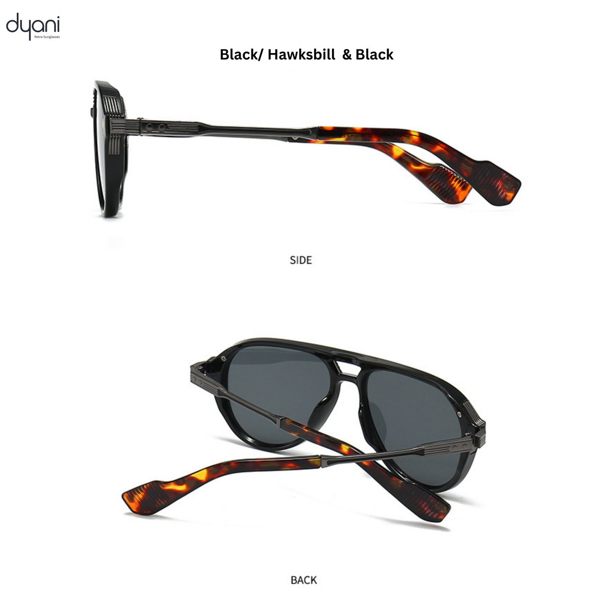 Dyani The Sovereign black aviator sunglasses with Hawksbill frame showcased from side and back views.