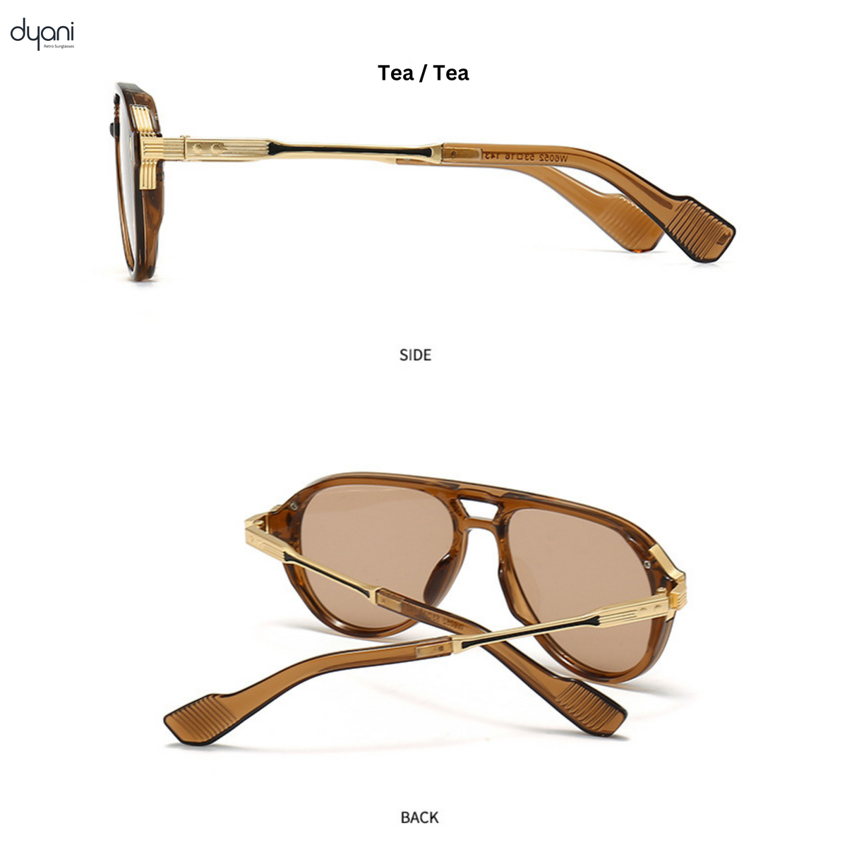 Dyani aviator sunglasses with tea-colored lenses, sleek gold frame, and elegant design for urban explorers and style enthusiasts.