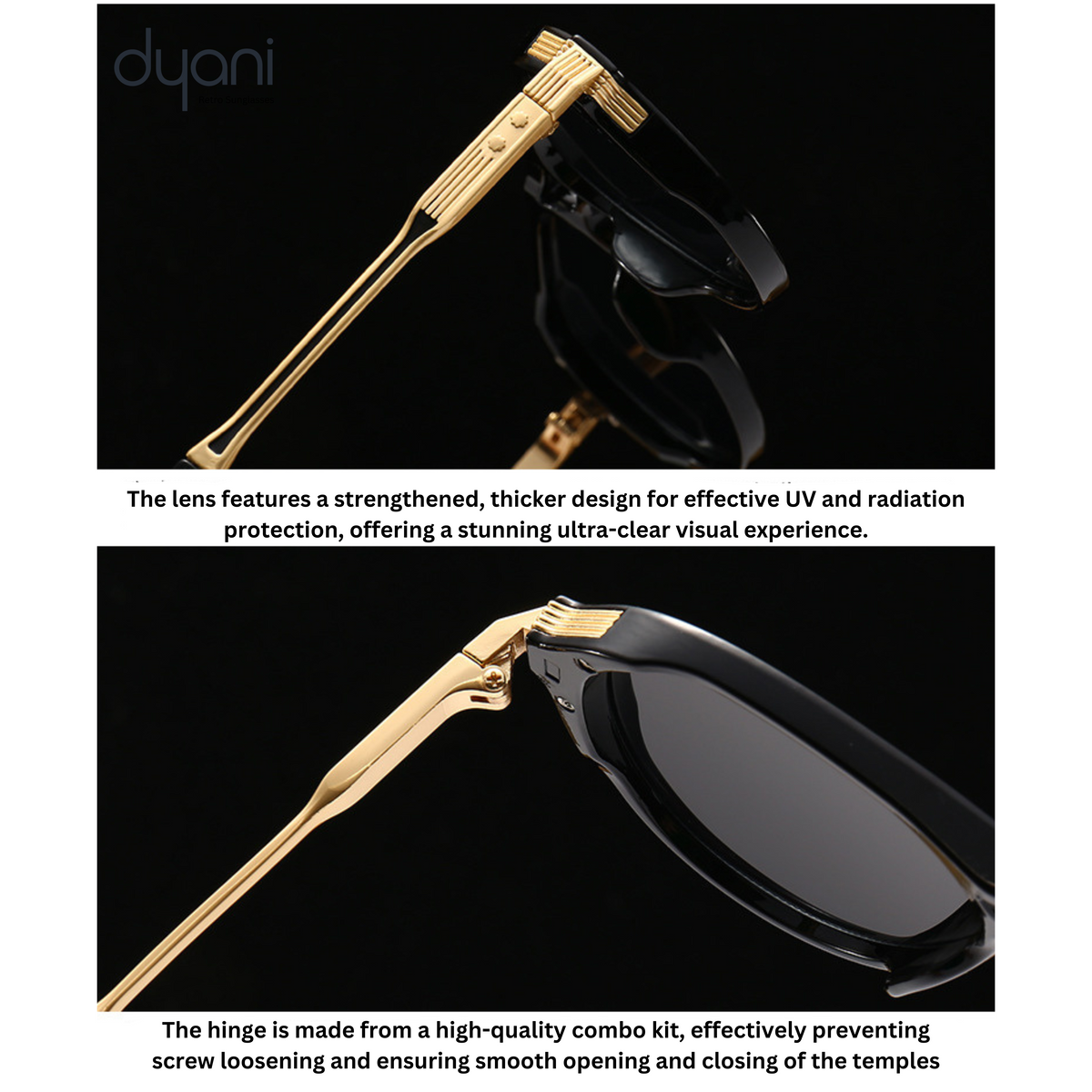 Close-up of Dyani's Sovereign sunglasses showcasing black lenses, white temples, and gold accents; offers UV protection and durability.