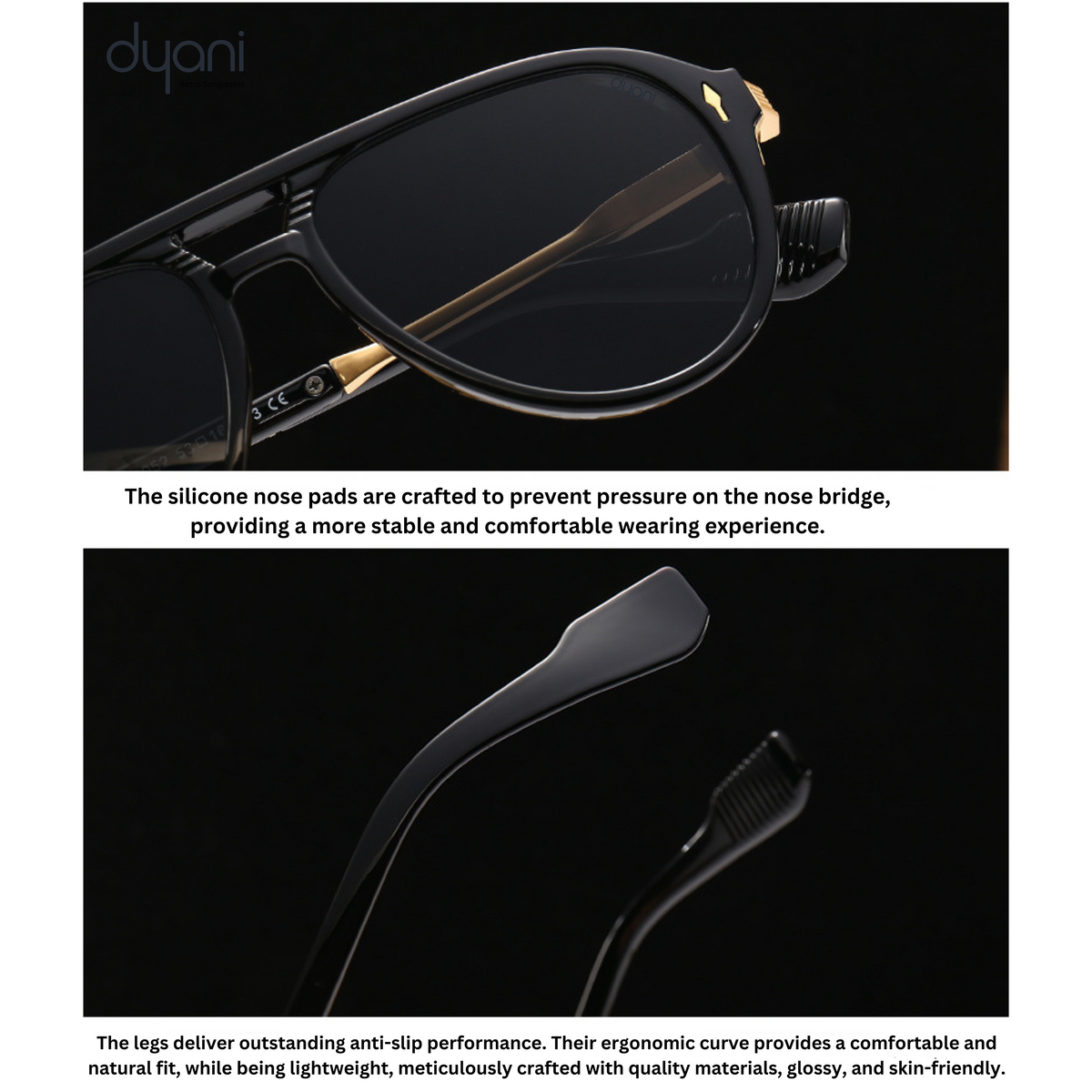 Dyani The Sovereign aviator sunglasses with black lenses, white temples, and silicone nose pads for comfort and stability.