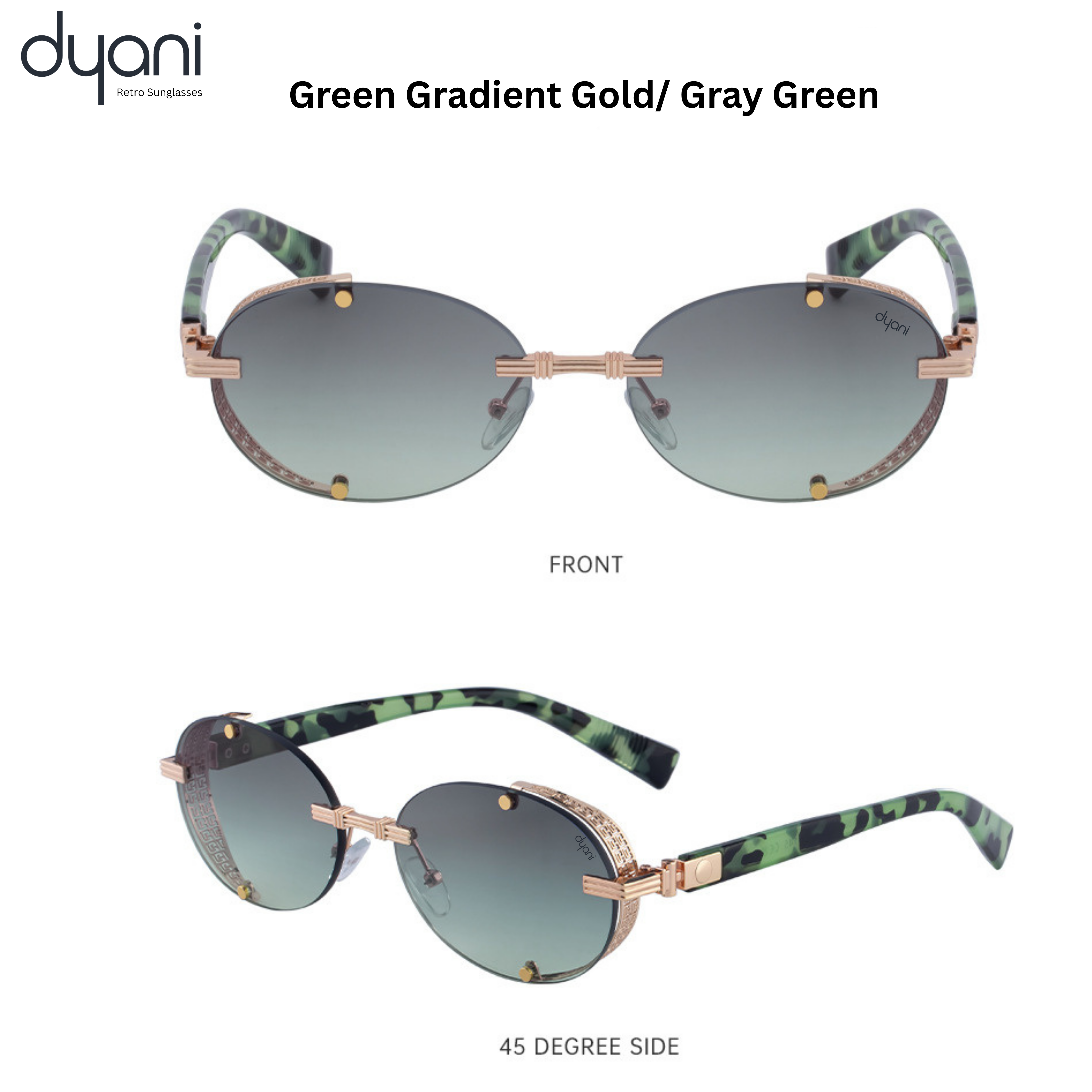 Lunari sunglasses with oval lenses, gold-toned hardware, and side shields. Green gradient lenses exude vintage glamour and rockstar edge.