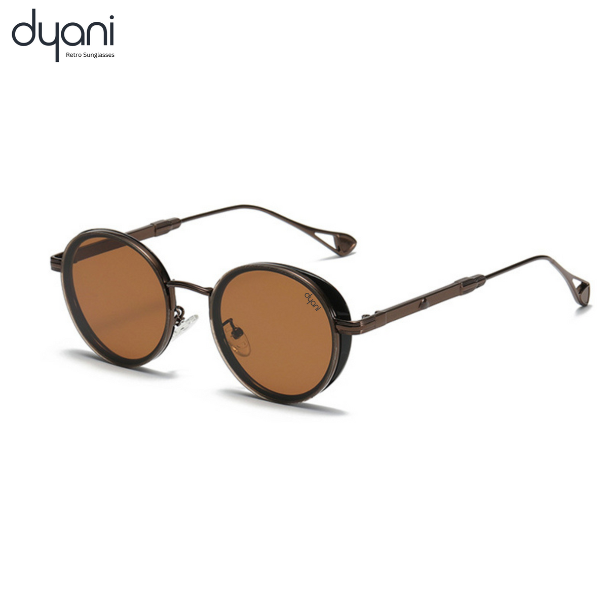 Steampunk inspired round sunglasses with vintage charm and modern elegance, featuring brown lenses and sleek frames by Dyani.