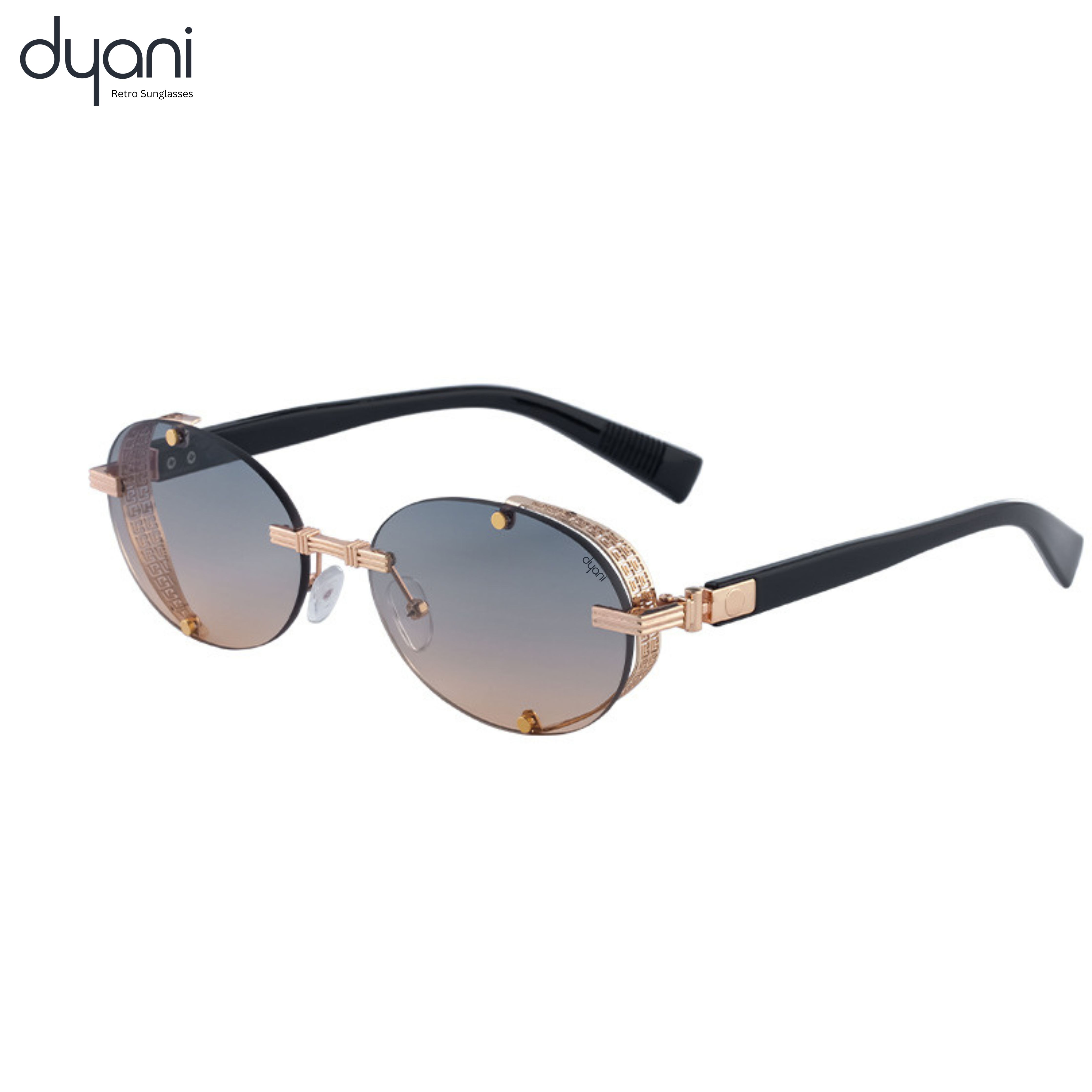 Lunari sunglasses with oval lenses, gold-toned hardware, and side shield detailing, exuding vintage glamour and rockstar edge.