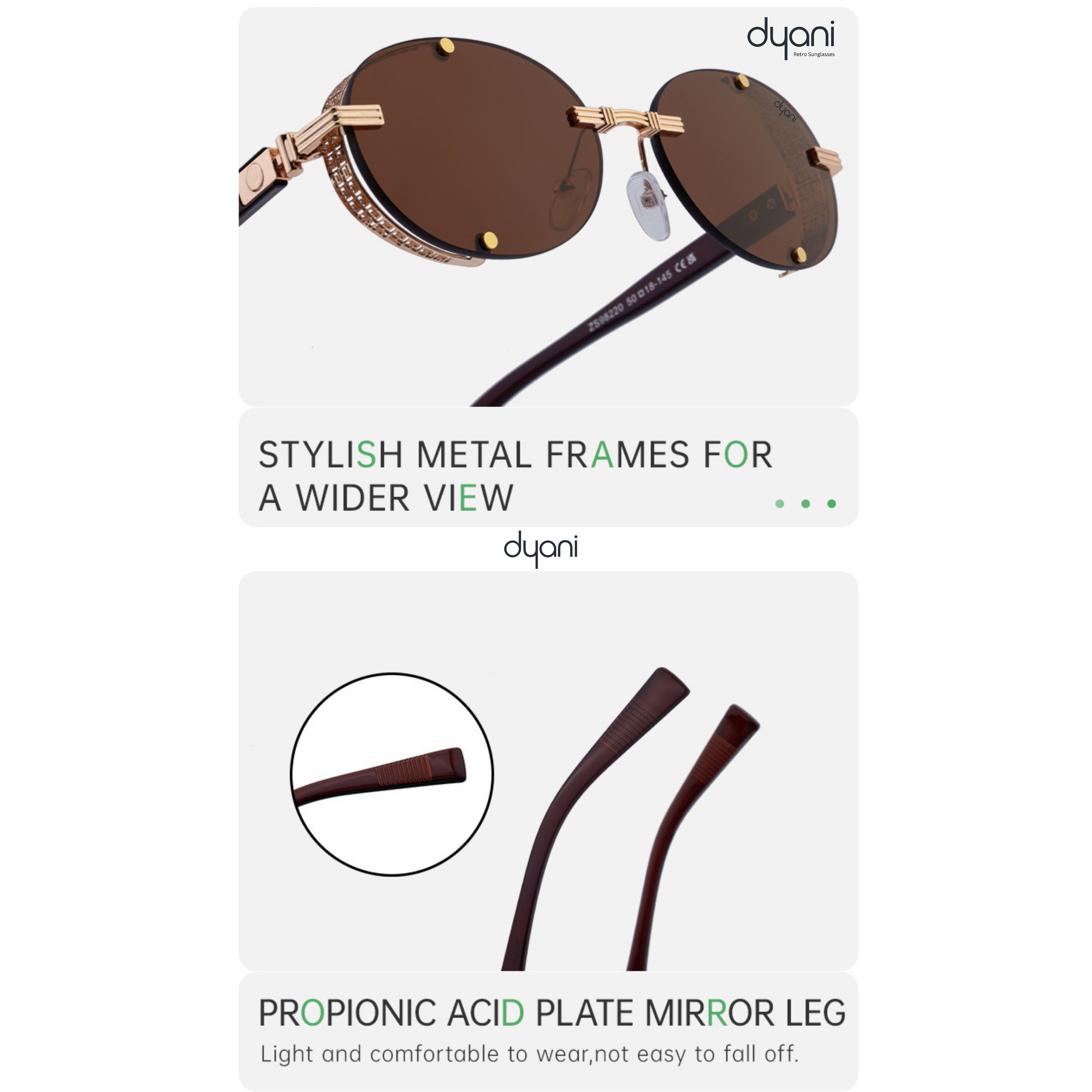 Sunglasses with brown oval lenses, gold-toned hardware, side shields, and propionic acid plate mirror legs for durable comfort.
