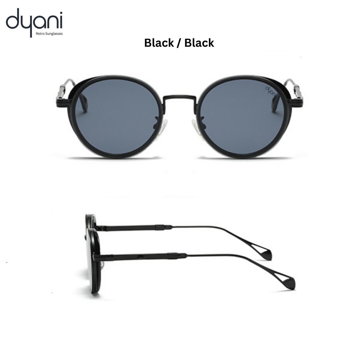 Steampunk inspired Luna sunglasses in black with round frames, offering vintage charm and modern sophistication. Ideal for bold style.