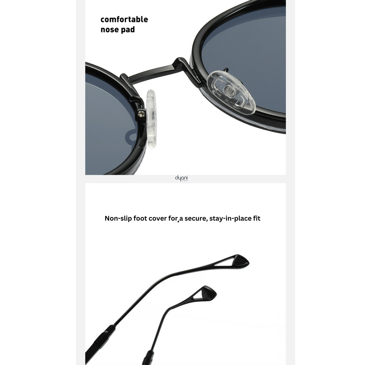 Steampunk-inspired round sunglasses with comfortable nose pad and non-slip foot cover for secure fit.