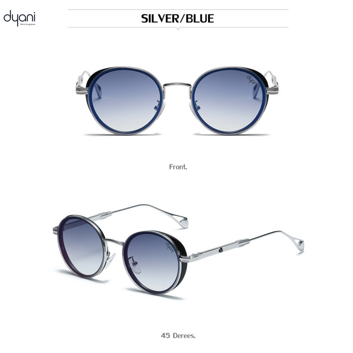 The Luna steampunk sunglasses with blue gradient lenses in silver frame, combines vintage charm with modern sophistication.