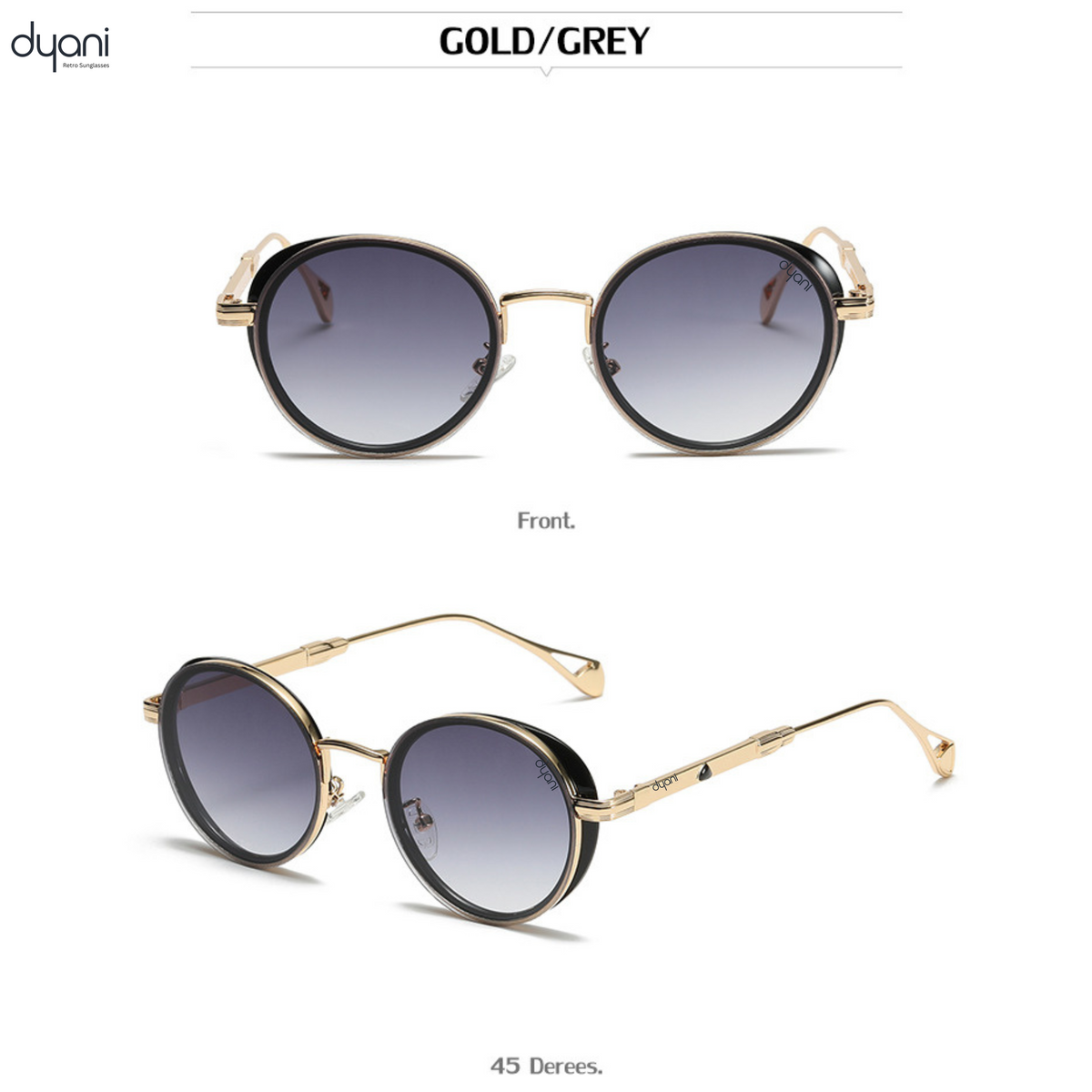 The Luna steampunk round sunglasses in gold/grey, featuring vintage charm with modern sophistication for bold style.