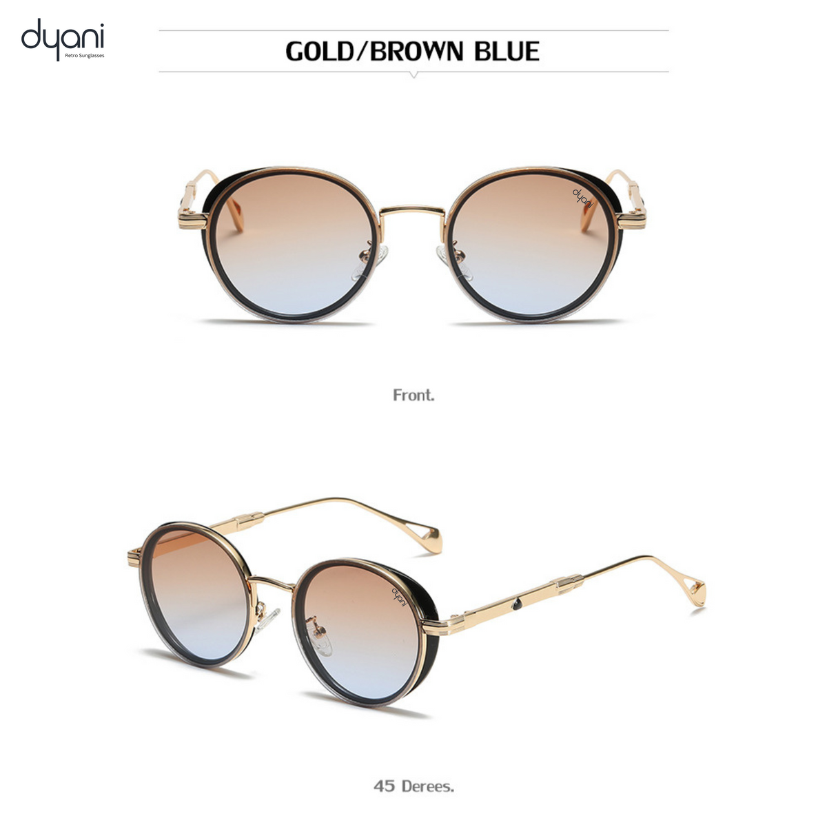 The Luna steampunk inspired gold and brown blue round sunglasses with retro design and modern sophistication.