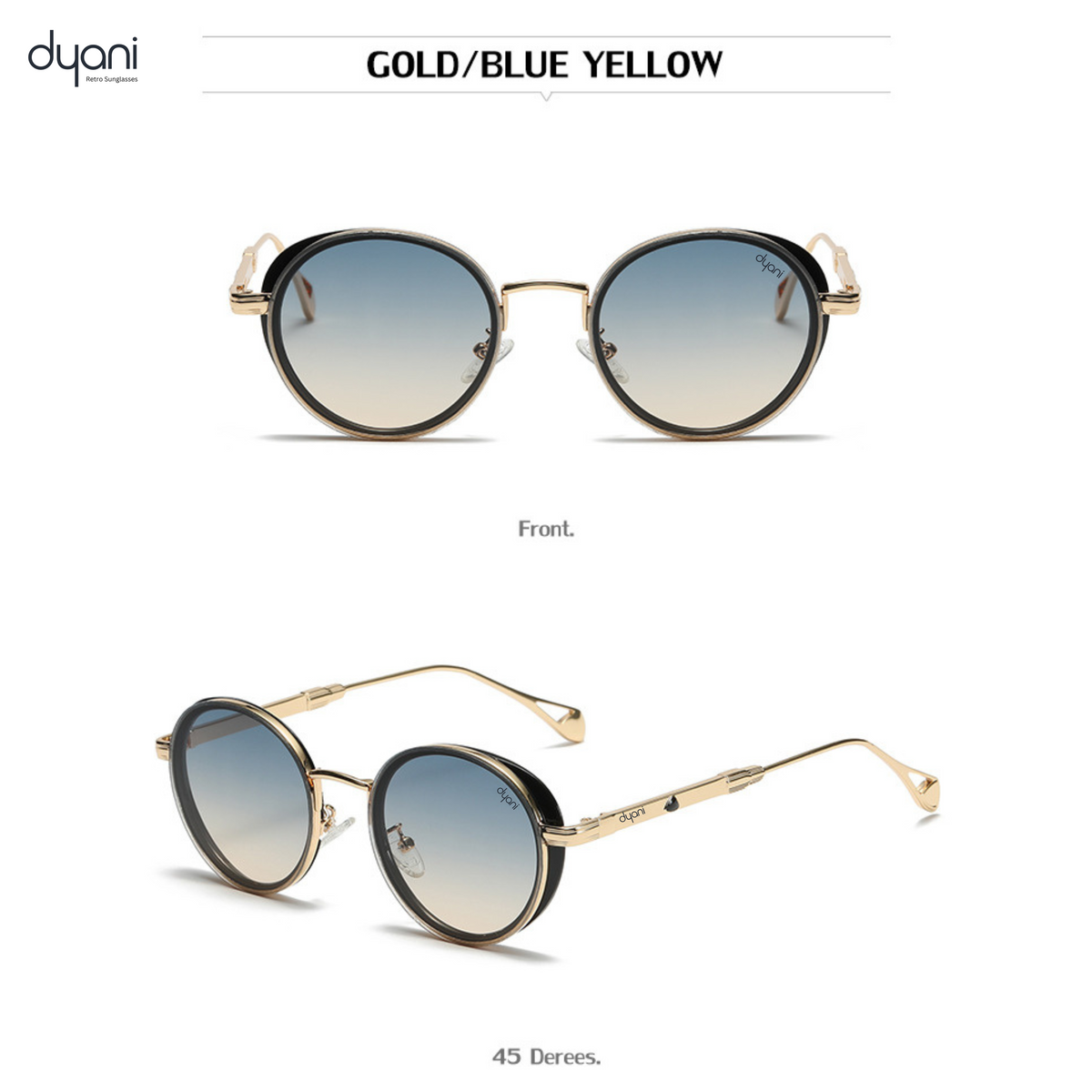 The Luna steampunk-inspired round sunglasses in gold with blue and yellow gradient lenses, showcasing retro and contemporary style.