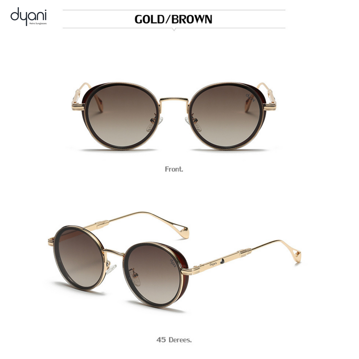 Dyani Luna sunglasses with steampunk style, round frames, black lenses, and white temples, for a sleek, contemporary vintage look.