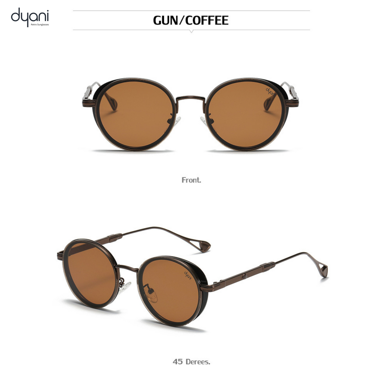 Dyani Timeless steampunk sunglasses with round frames, sleek black lenses, and white temples for a bold, sophisticated look.