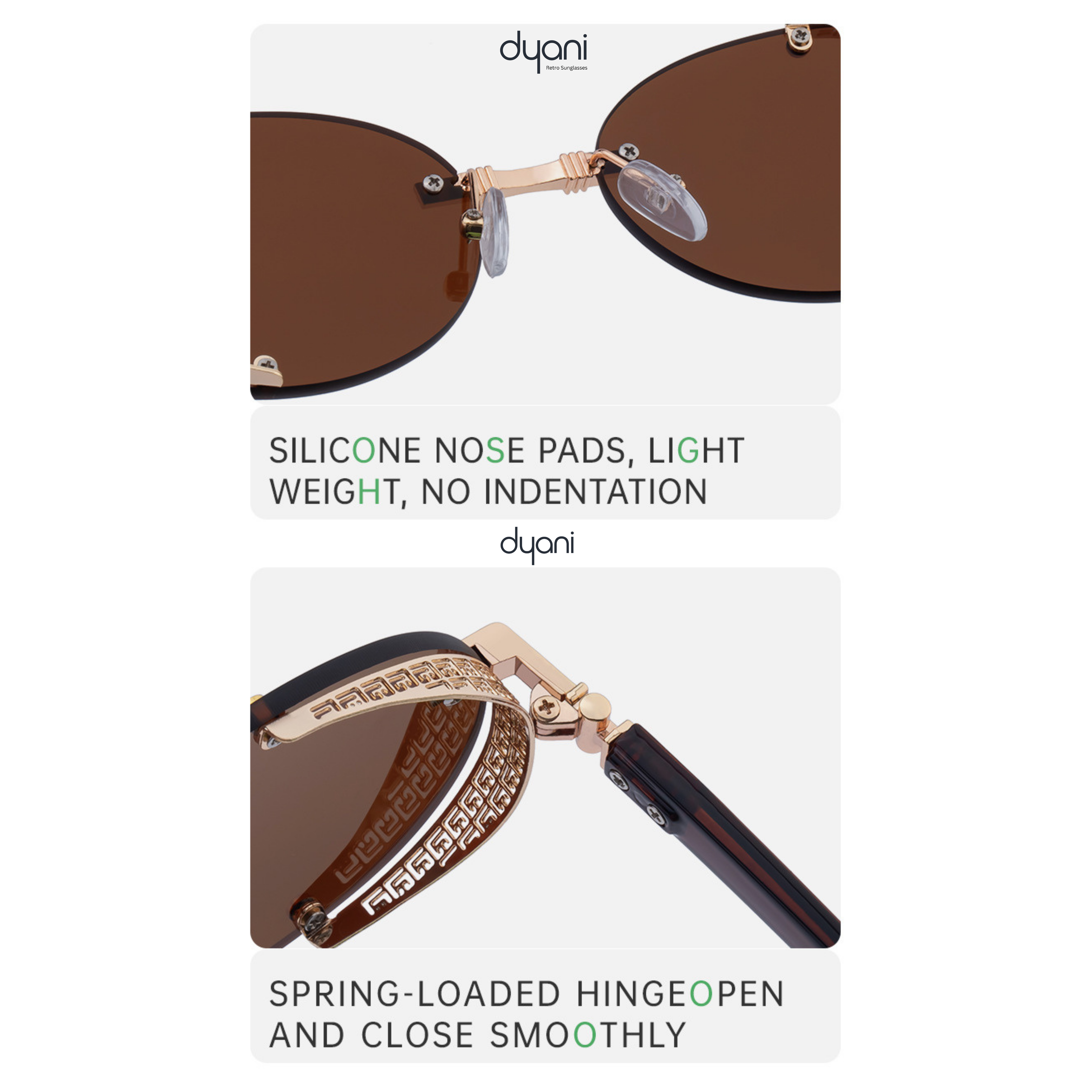 Lunari sunglasses with oval lenses, gold-toned hardware, side shield detailing, silicone nose pads, and smooth spring-loaded hinges.