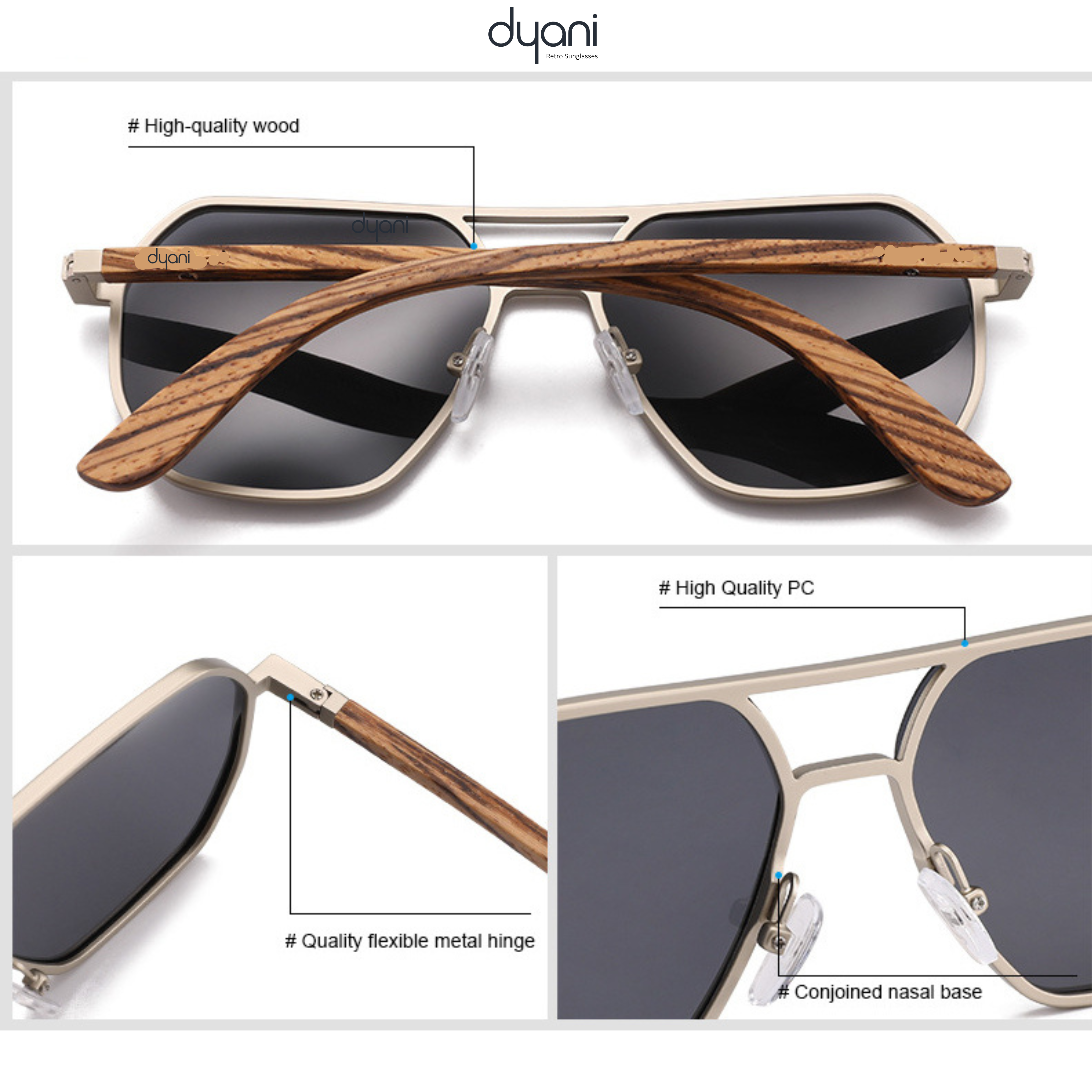 TimberLux wooden sunglasses by Dyani with polarized UV400 lenses, featuring high-quality wood and flexible metal hinges.