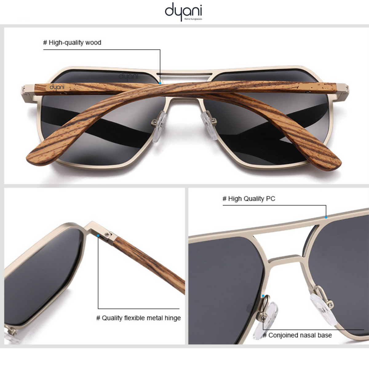 TimberLux wooden sunglasses by Dyani with polarized UV400 lenses, featuring high-quality wood and flexible metal hinges.