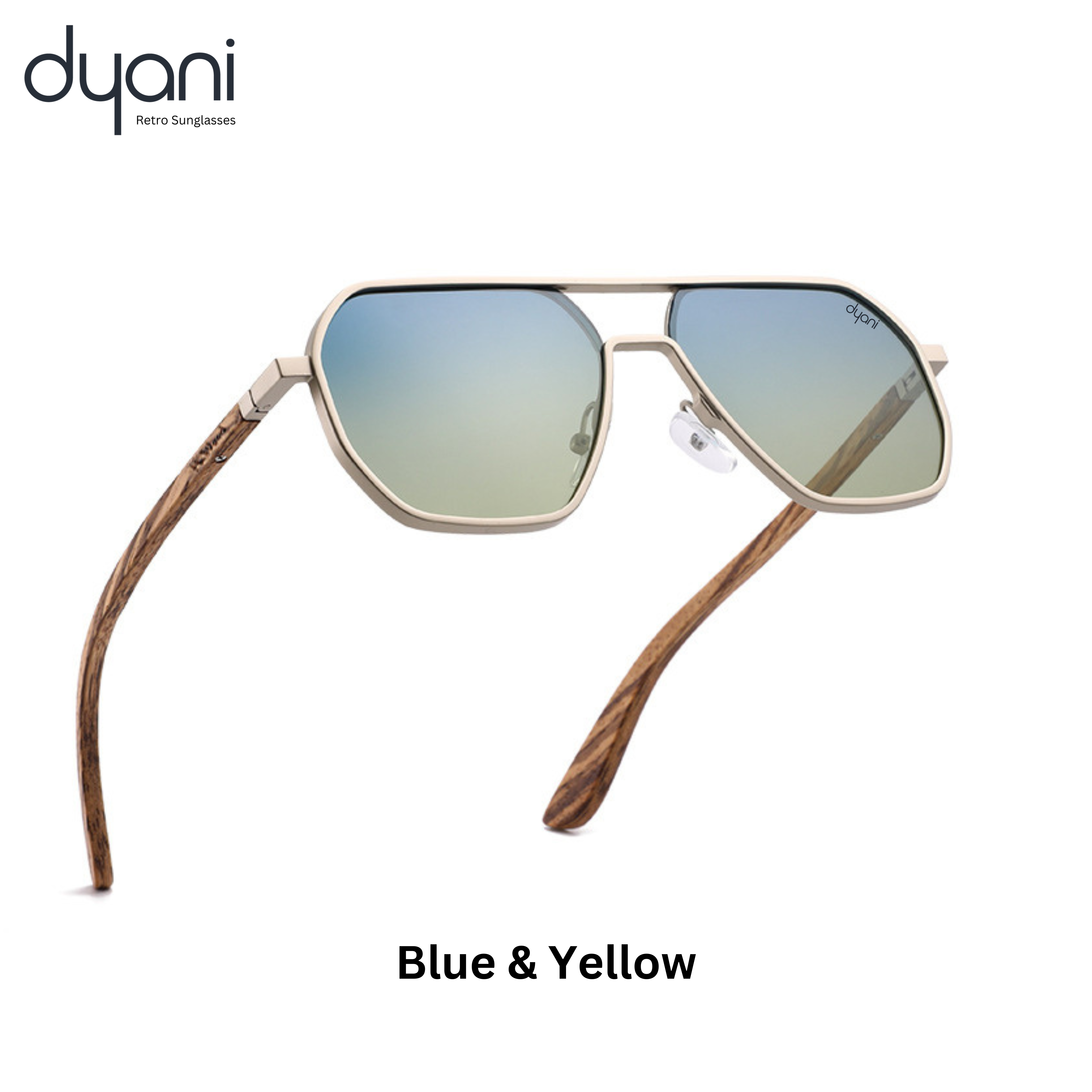 Dyani TimberLux wooden sunglasses with blue and yellow lenses, eco-friendly and adventure-ready with polarized UV protection.